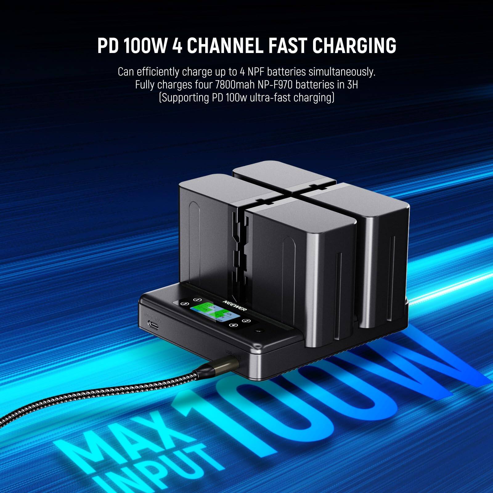 PD 100W 4 CHANNEL FAST CHARGING

Can efficiently charge up to 4 NPF batteries simultaneously. Fully charges four 7800mAh NP-F970 batteries in 3H. [Supporting PD 100w ultra-fast charging]

MAX INPUT 100W