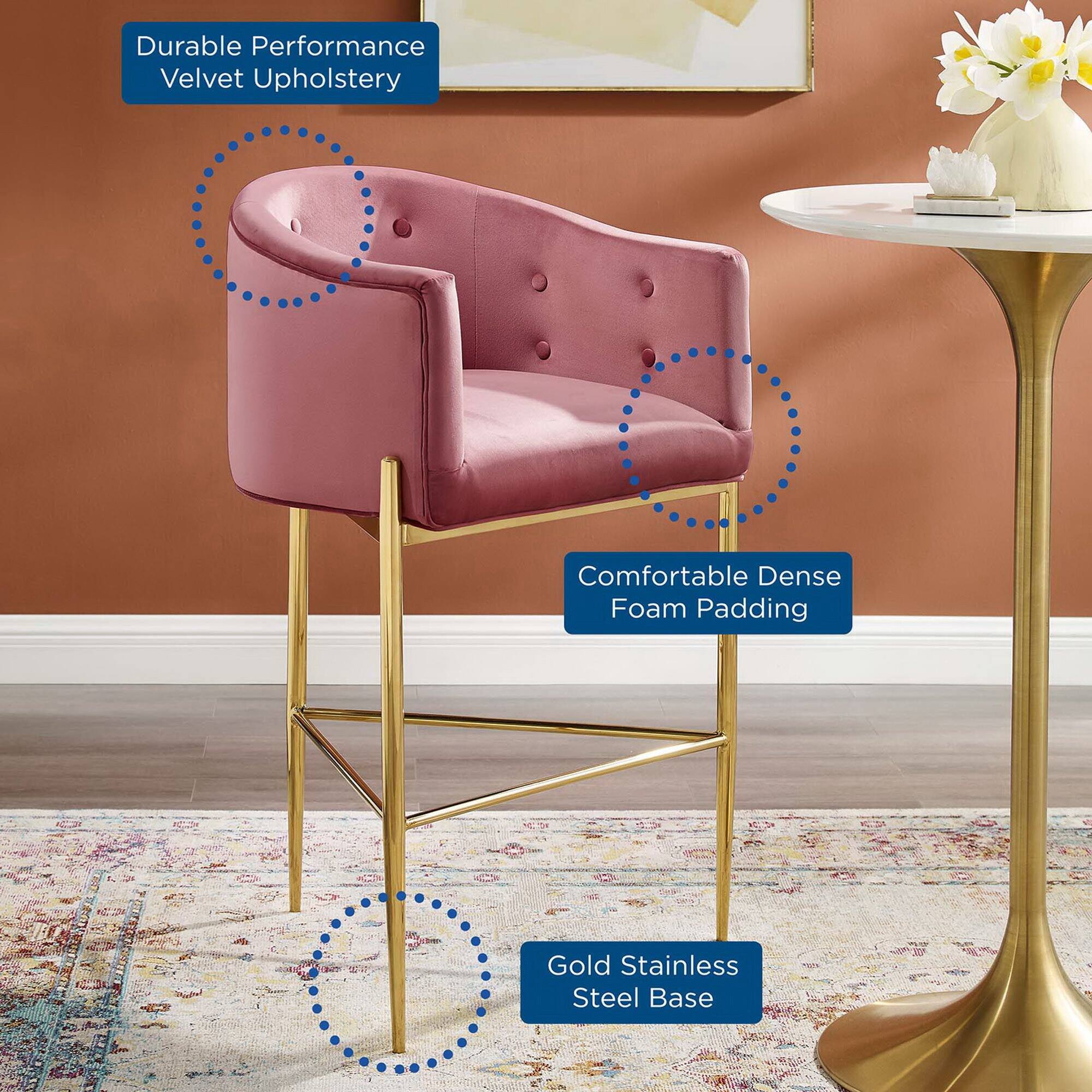 - Durable Performance Velvet Upholstery
- Comfortable Dense Foam Padding
- Gold Stainless Steel Base