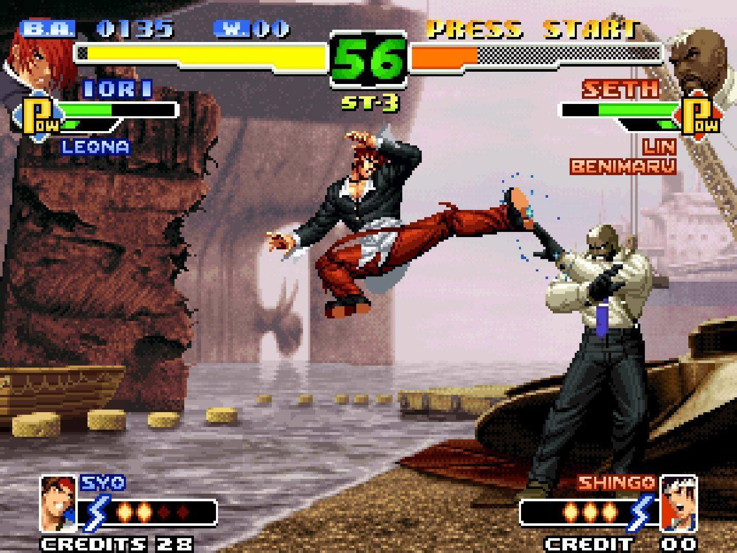 0135 IORI PDDCH OW LEONA  
W.I.O.T.  
PRESS START 56 SETH ST-3 PLICH OW LIN BENIMARU  
OYZ S CREDITS 28  
SHINGO CREDIT 00