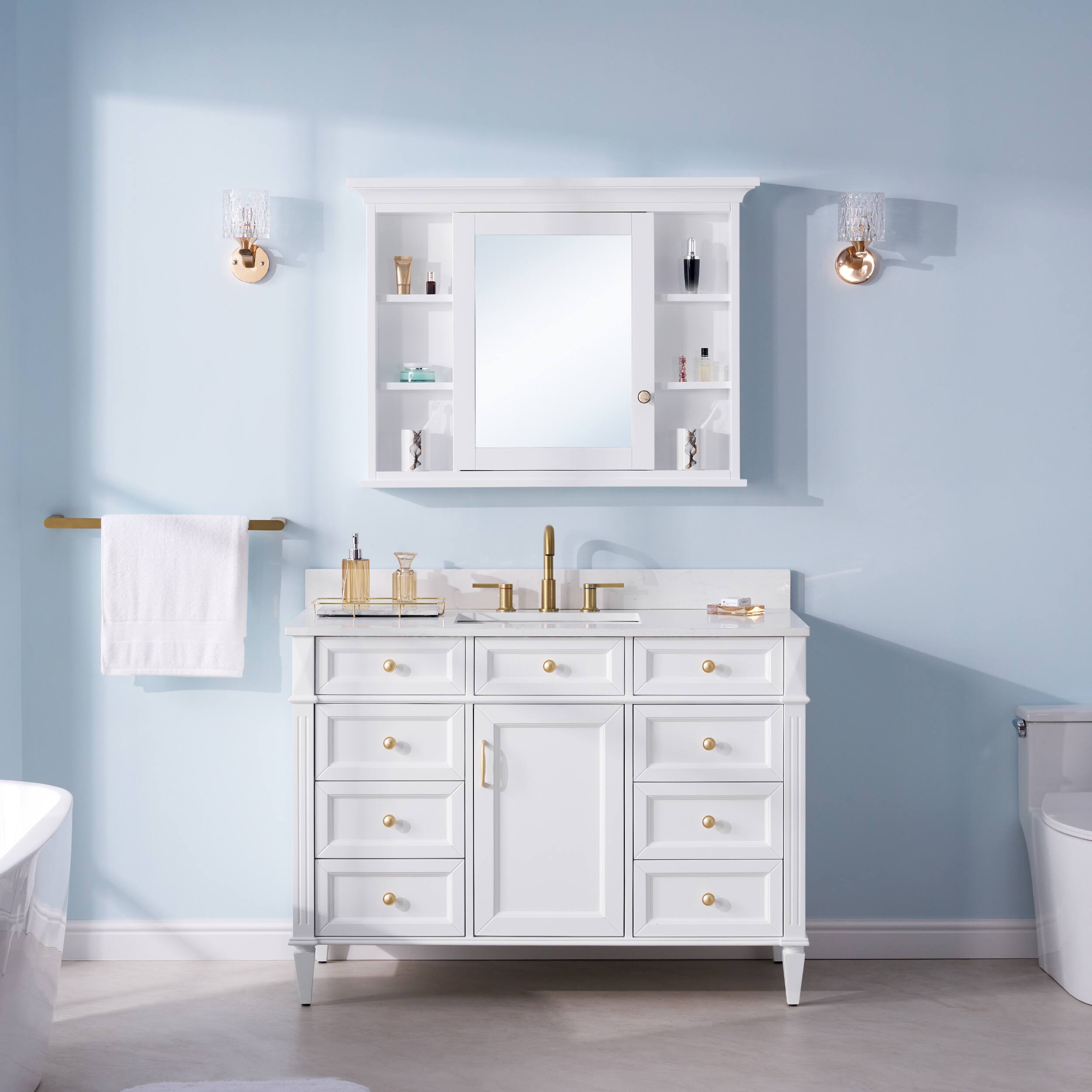 Alt View 9. WELLFOR - 40 in. W x 30 in. H Rectangular Solid Wood Medicine Cabinet with Mirror with Single Door - White.