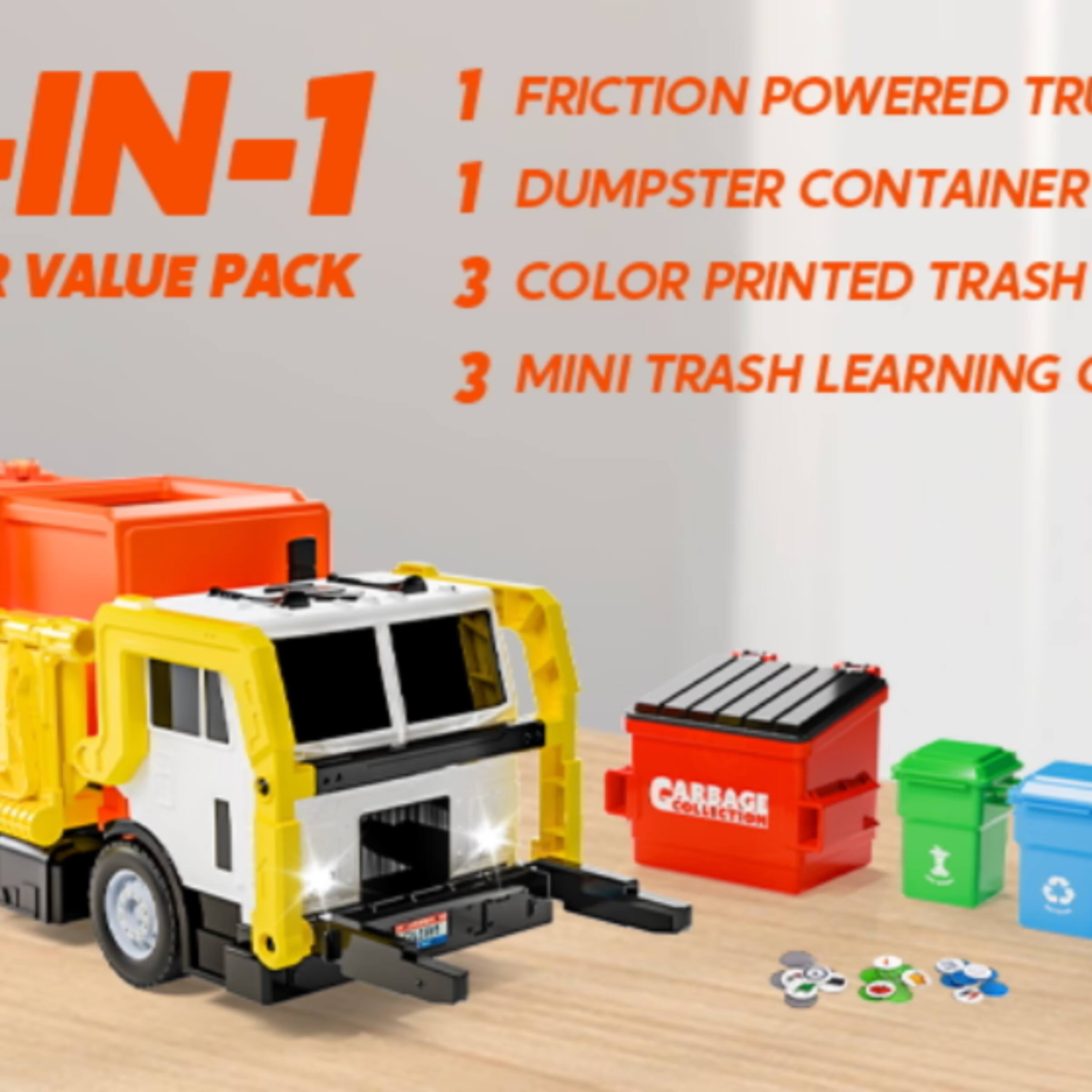 1 FRICTION POWERED TR IN-1  
1 DUMPSTER CONTAINER  
3 COLOR PRINTED TRASH  
3 MINI TRASH LEARNING  
CARRAGE COLLECTION