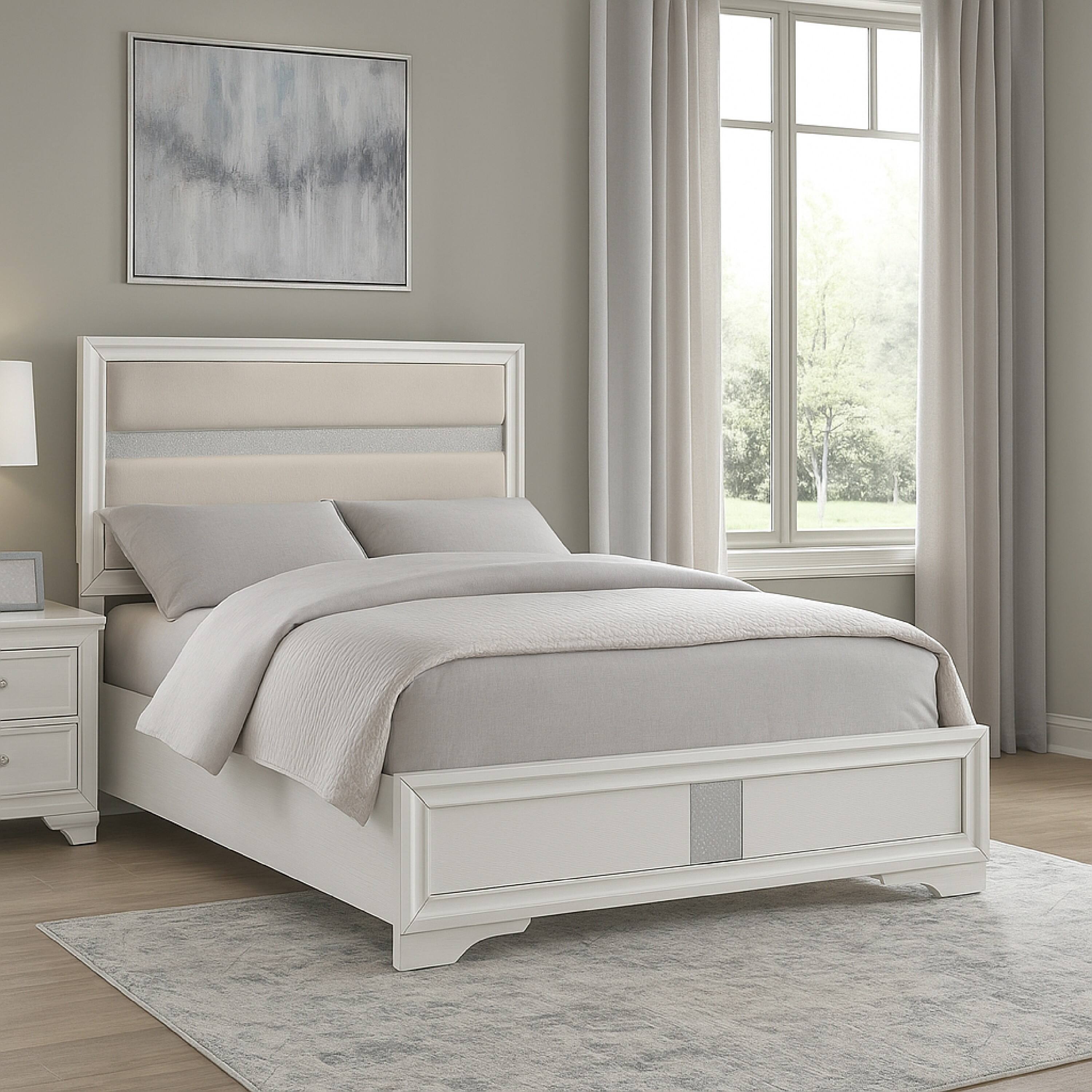 Alt View 2. Manhattan Lane - Vino Full Size Bed, Panel Headboard, White Upholstery, Glitter Stripes - White.