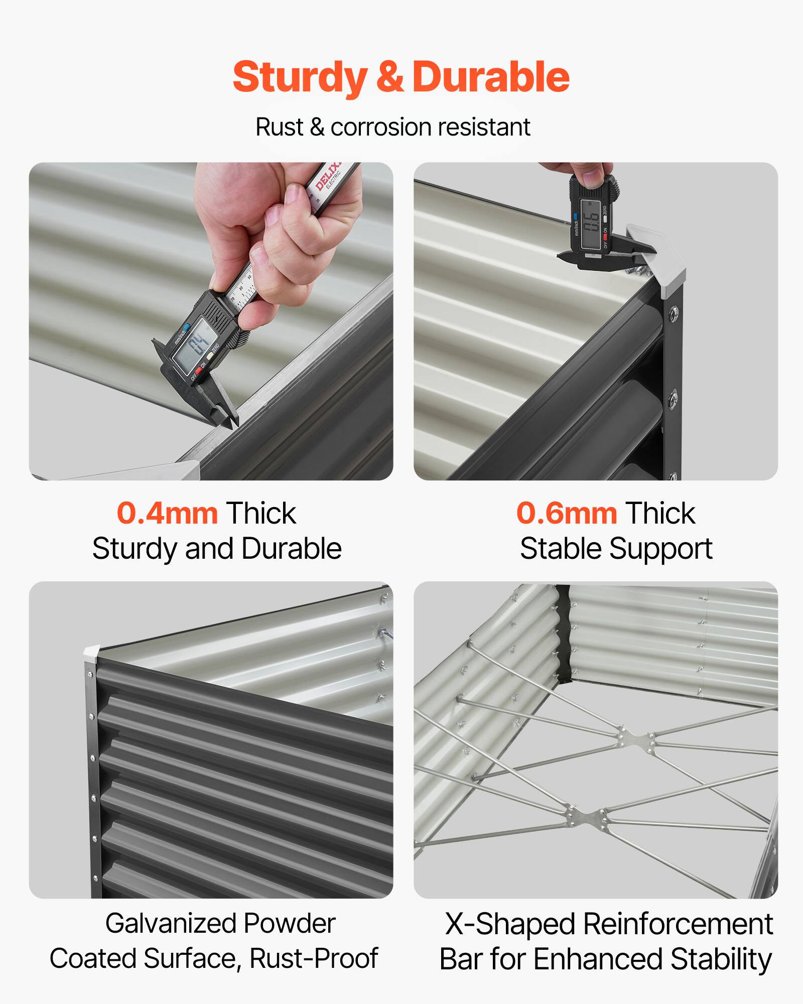 Sturdy & Durable  
Rust & corrosion resistant  

0.4mm Thick  
Sturdy and Durable  

0.6mm Thick  
Stable Support  

Galvanized Powder Coated Surface, Rust-Proof  

X-Shaped Reinforcement Bar for Enhanced Stability