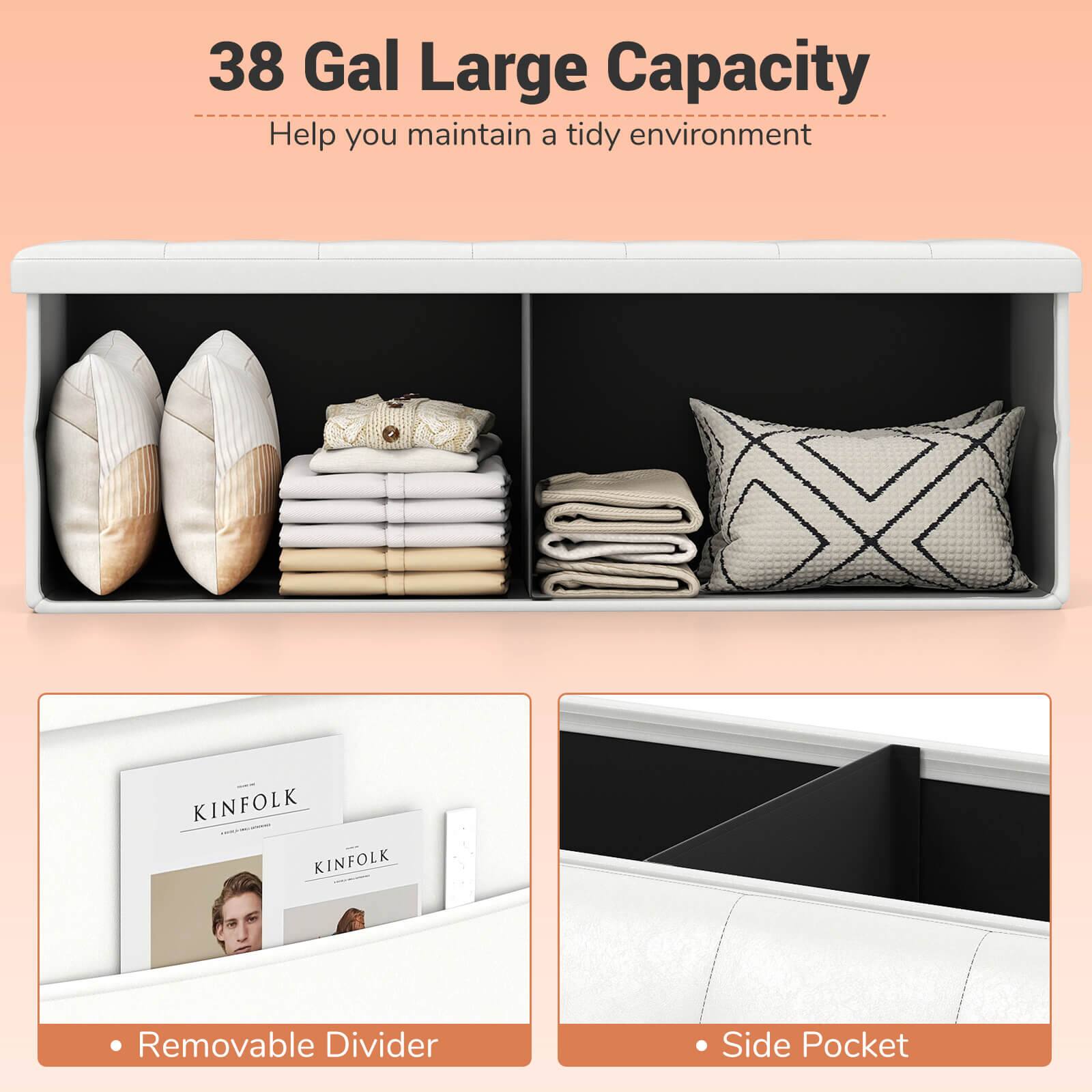 38 Gal Large Capacity  
Help you maintain a tidy environment  

- Removable Divider  
- Side Pocket