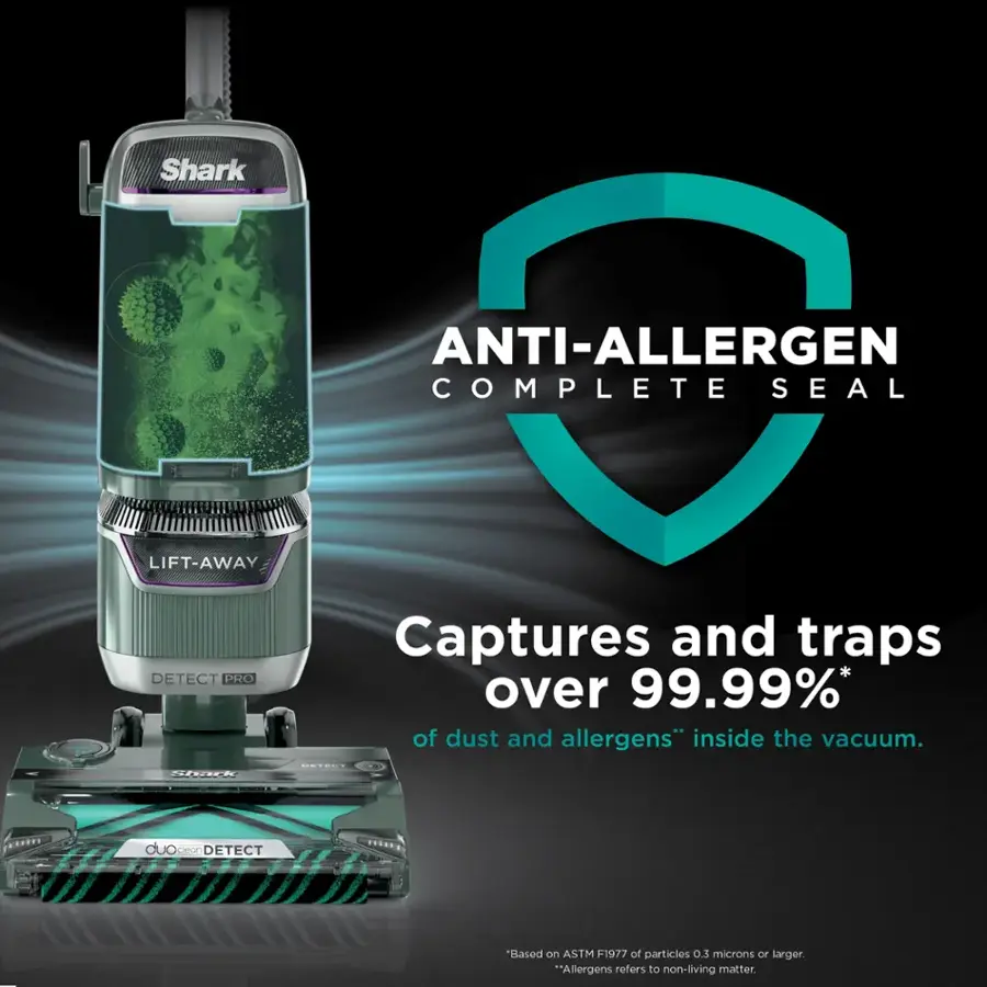 Shark Anti-Allergen Lift-Away Complete Seal Captures and traps over 99.99% of dust and allergens inside the vacuum.