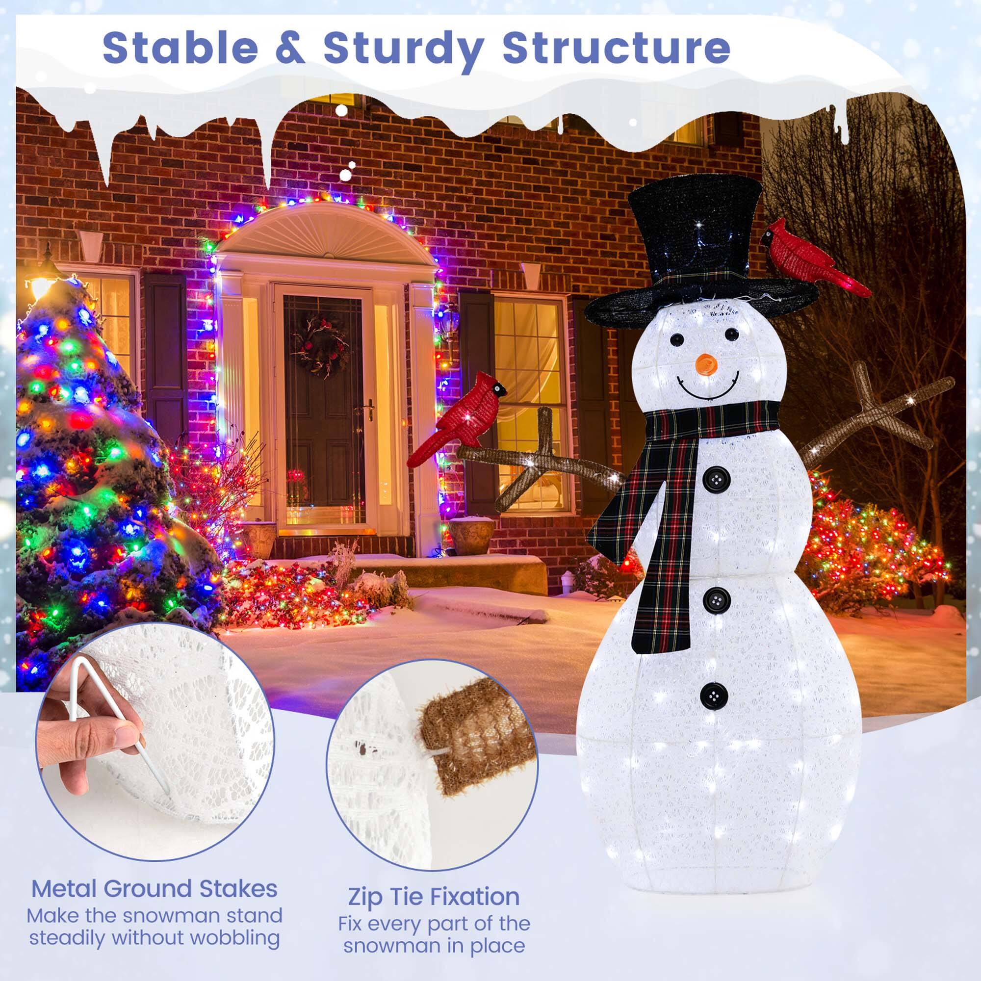 Stable & Sturdy Structure | Metal Ground Stakes Make the snowman stand steadily without wobbling | Zip Tie Fixation Fix every part of the snowman in place