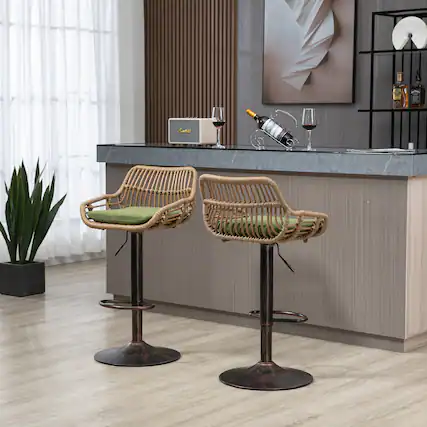 Front. Trinkets Crazed - Rattan Bar Stools Set of 2, Adjustable Barstools with Linen Cushion, 360° Swivel Bar Stool for Kitchen and Bar - Green.