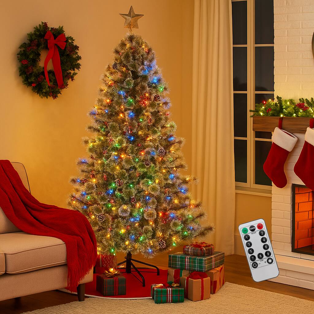 Angle. BreeBe - Artificial Xmas Tree 6FT/7.5FT/9FT Pre-Lit with Hinged Design & Fast Power Connector - Green.