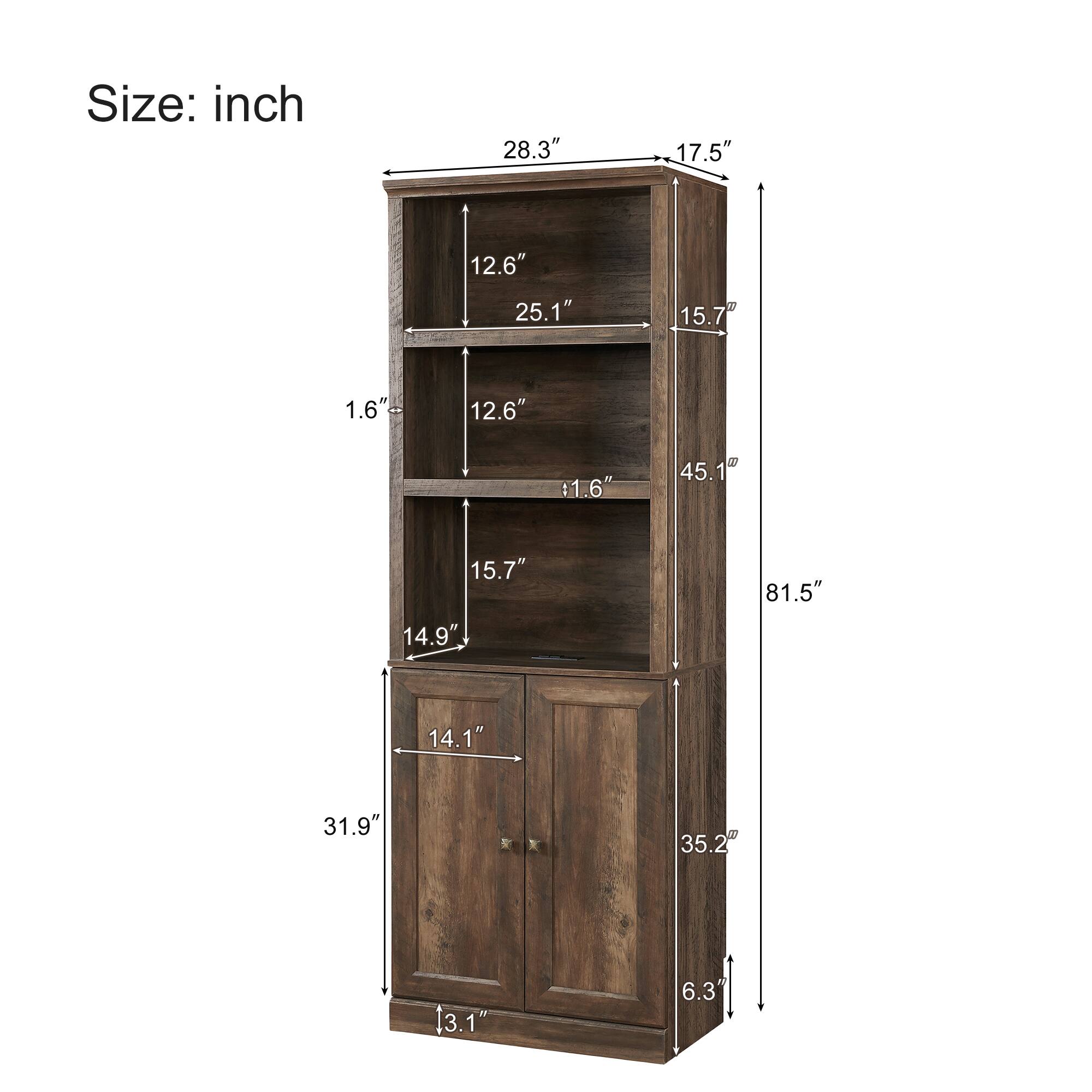 Size: inch

- Height: 81.5"
- Width: 35.2"
- Depth: 17.5"

- Top Shelf: 28.3" (width) x 12.6" (depth)
- Second Shelf: 25.1" (width) x 12.6" (depth)
- Third Shelf: 15.7" (width) x 1.6" (depth)
- Fourth Shelf: 14.9" (width) x 1.6" (depth)
- Bottom Shelf: 15.7" (width) x 14.1" (depth)

- Cabinet Door: 31.9" (height) x 14.1" (width)
- Drawer: 6.3" (height) x 14.1" (width)

- Total Depth: 45.1"