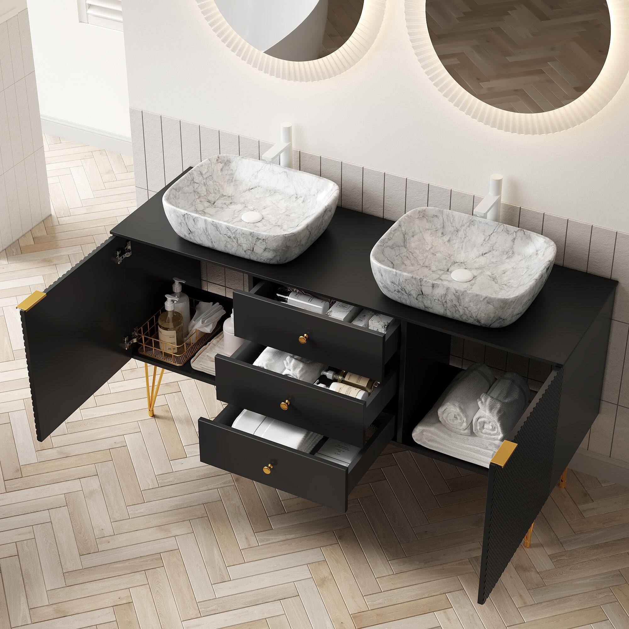 Alt View 2. Boyel Living - 60 Bathroom Vanity with 3 Drawers 2 Doors 2 White Marble Pattern Ceramic Vessel Basins Sintered Stone Black - Black,Stone Gray.