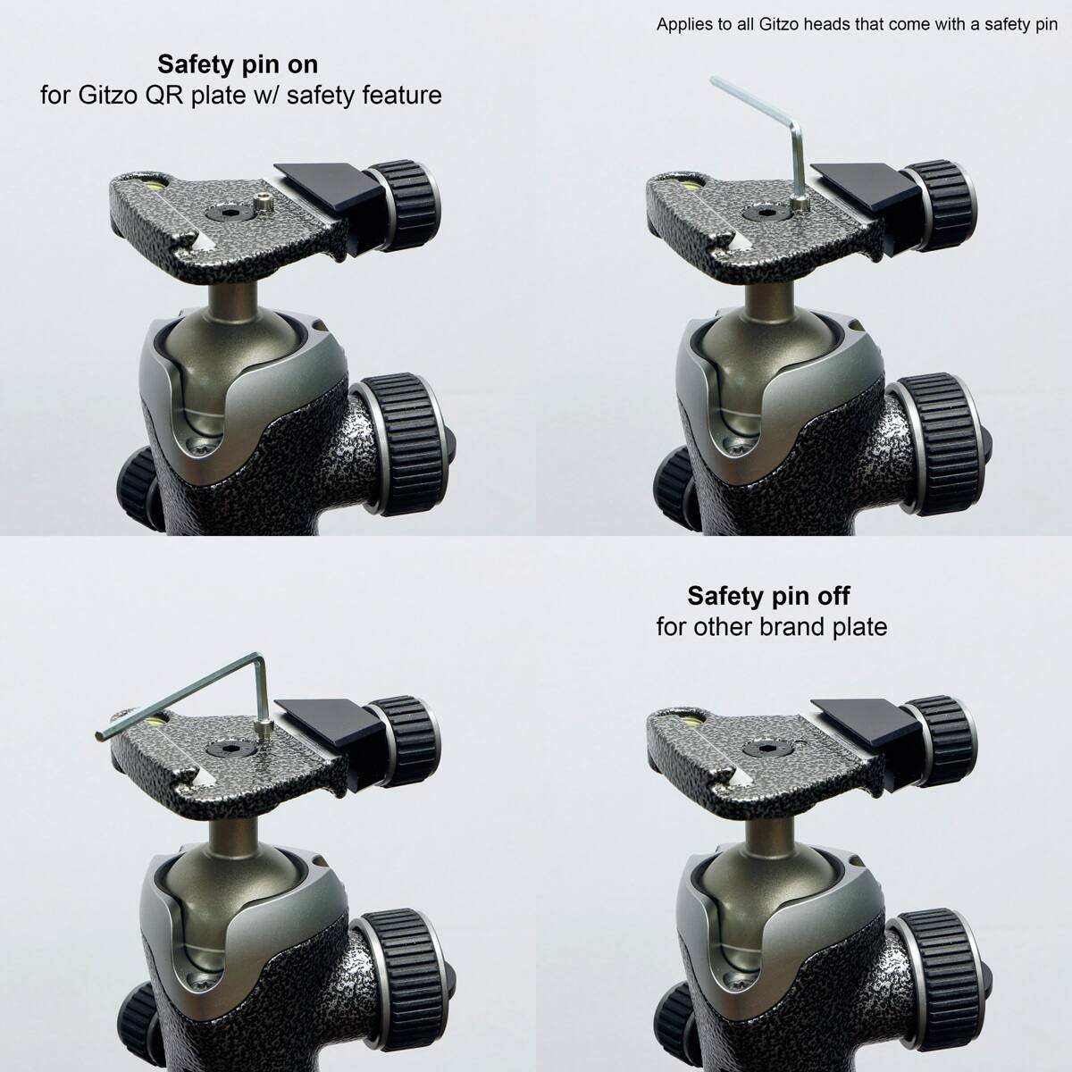 Safety pin on for Gitzo QR plate w/ safety feature  
Applies to all Gitzo heads that come with a safety pin  

Safety pin off for other brand plate