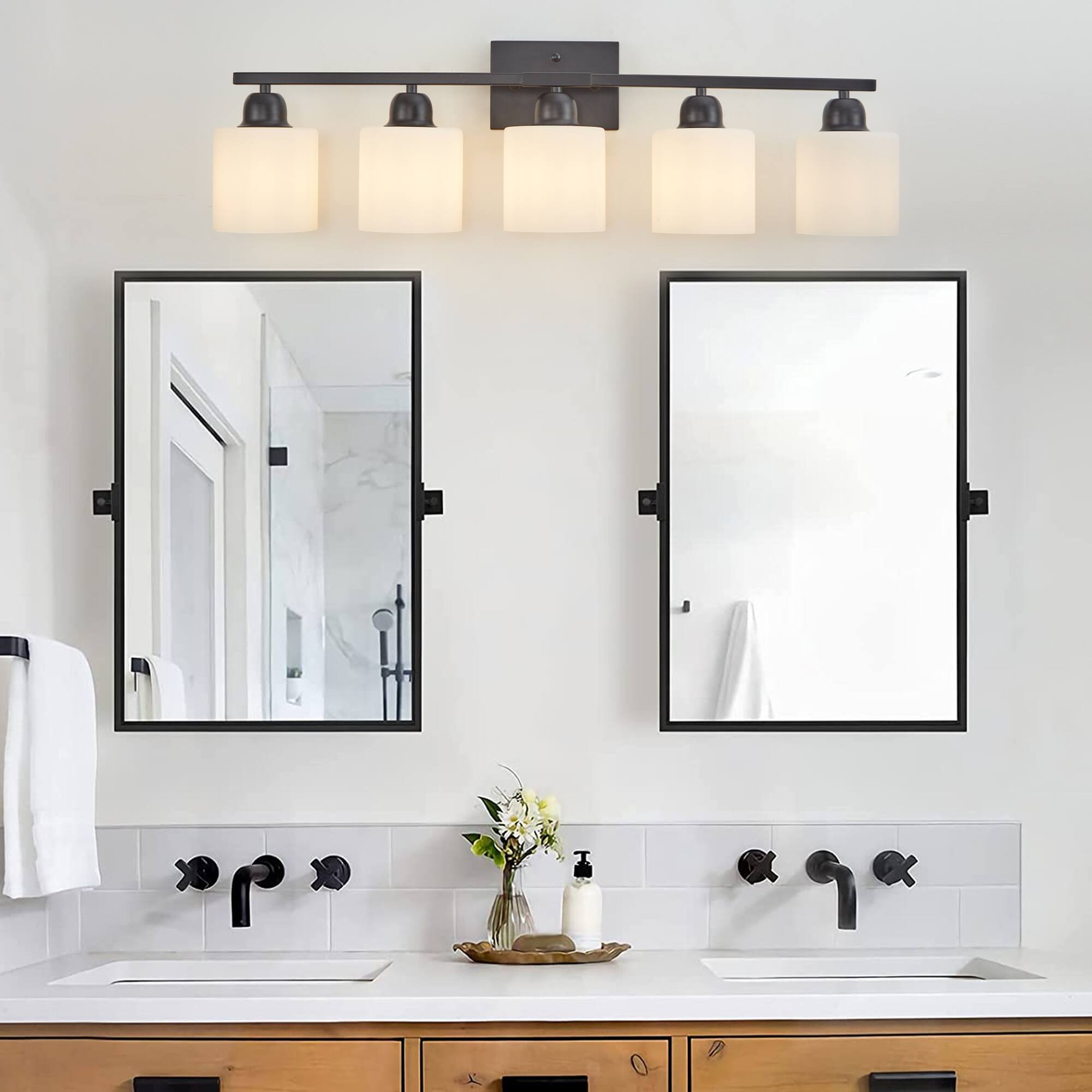 Left. HOMLUX - 31.5 in. 5 Lights Black LED Vanity Light Bar Vanity Accent Lighting Fixtures and Metal Wall Sconces with Crystal Shade.
