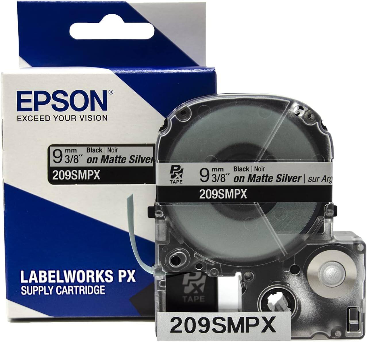 EPSON  
EXCEED YOUR VISION  

9 mm Black | Noir  
9 3/8" on Matte Silver  
209SMPX  

LABELWORKS PX  
SUPPLY CARTRIDGE  

9 mm Black | Noir  
9 3/8" on Matte Silver | sur Arg  
209SMPX