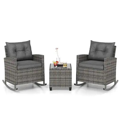 Front. Costway - 3 PCS Patio Wicker Rocking Set with Tempered Glass Table & Soft Cushions Outdoor - Gray.