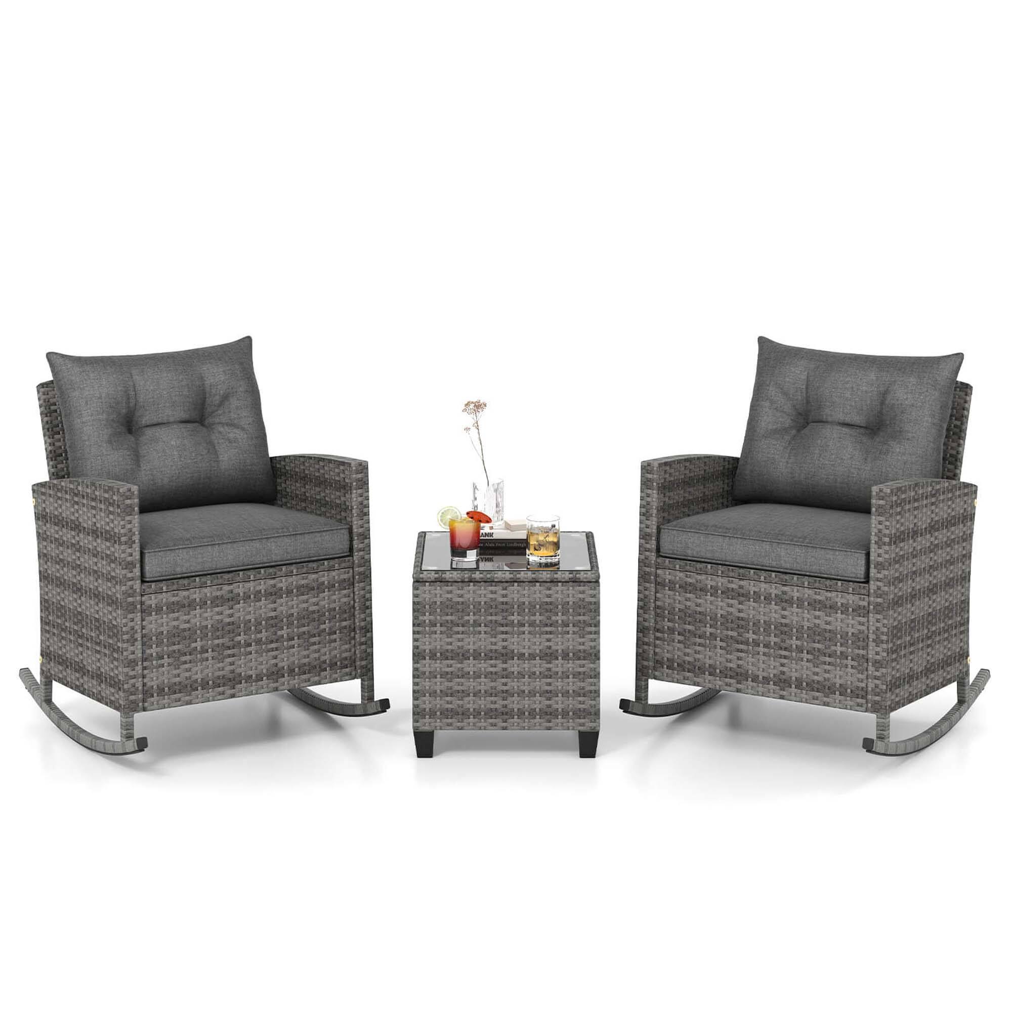 Costway - 3 PCS Patio Wicker Rocking Set with Tempered Glass Table & Soft Cushions Outdoor - Gray