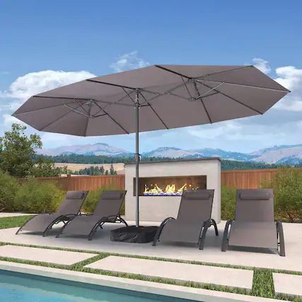 Front. PURPLE LEAF - 15 ft. Patio Market Umbrella with Base Double-Sided Outdoor Table Sun Umbrellas with Crank for Pool Beach Deck Backyard - Gray.