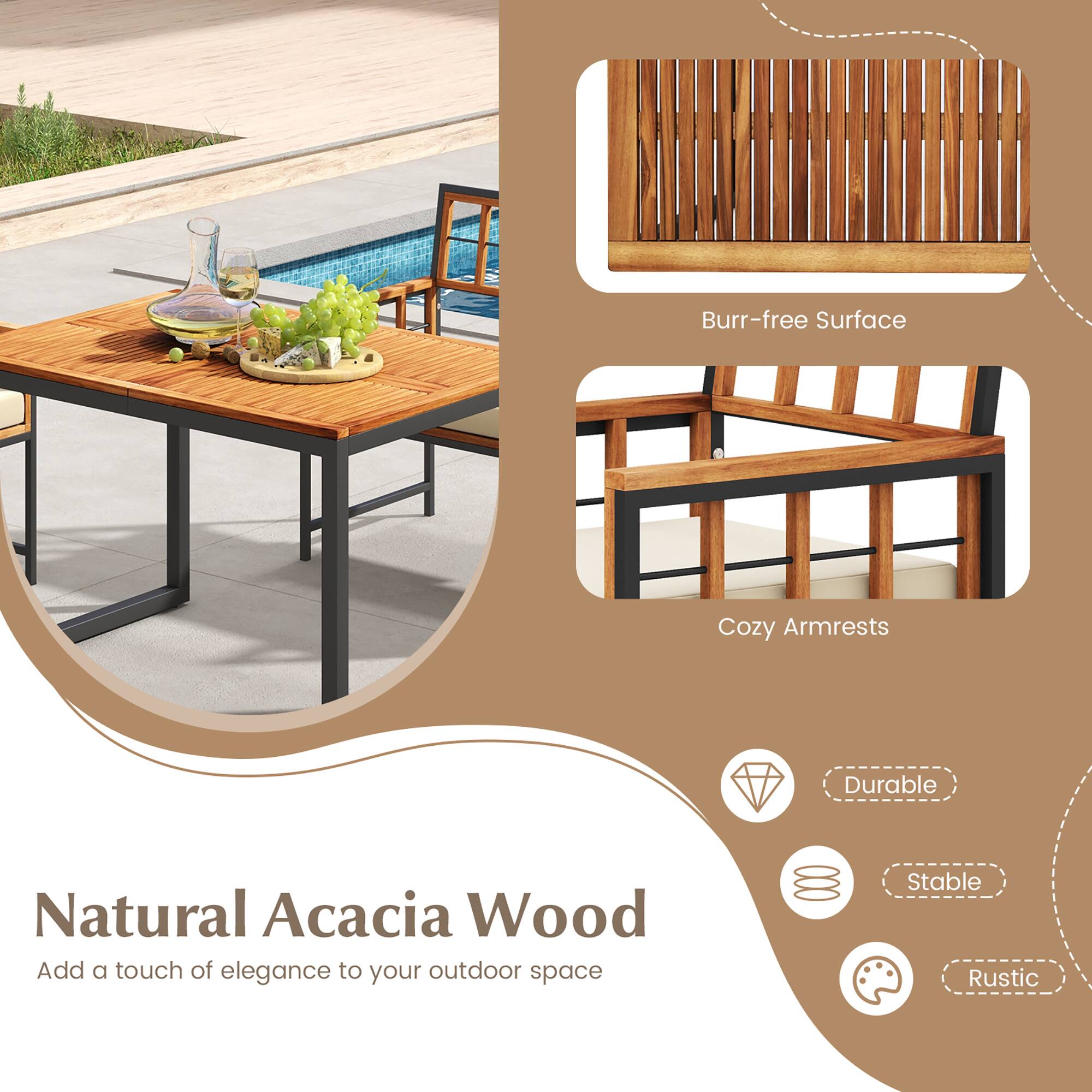 Natural Acacia Wood, Burr-free Surface, Cozy Armrests, Durable, Stable, Rustic, Add a touch of elegance to your outdoor space.