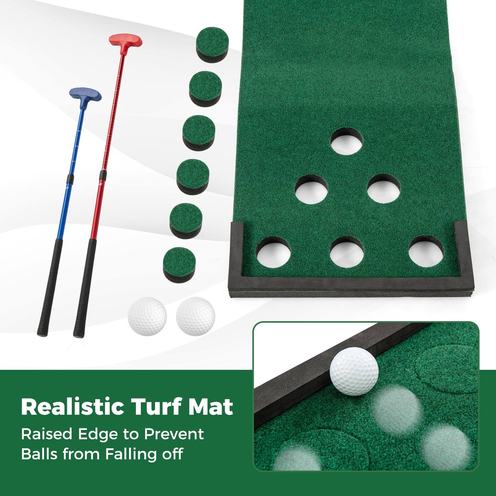 Realistic Turf Mat  
Raised Edge to Prevent Balls from Falling off