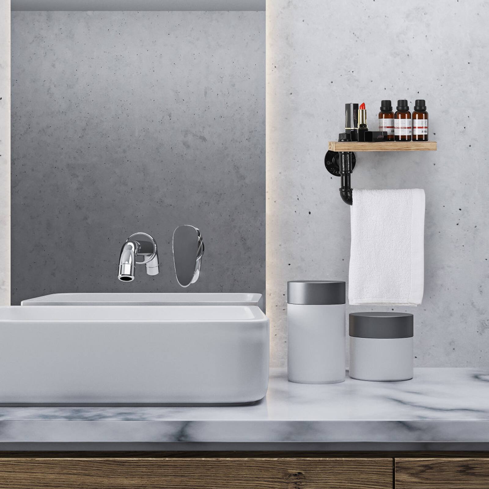 Alt View 3. Oumilen - Industrial Pipe Single Paper Towel Holder with Natural Wood Shelf – Wall Mounted for Kitchen Bathroom.