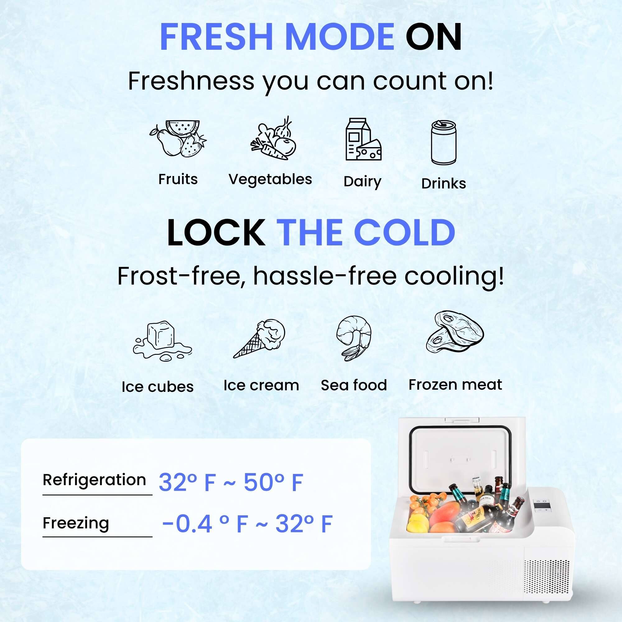 FRESH MODE ON  
Freshness you can count on!  
Fruits Vegetables Dairy Drinks  

LOCK THE COLD  
Frost-free, hassle-free cooling!  
Ice cubes Ice cream Sea food Frozen meat  

Refrigeration 32° F ~ 50° F  
Freezing -0.4° F ~ 32° F
