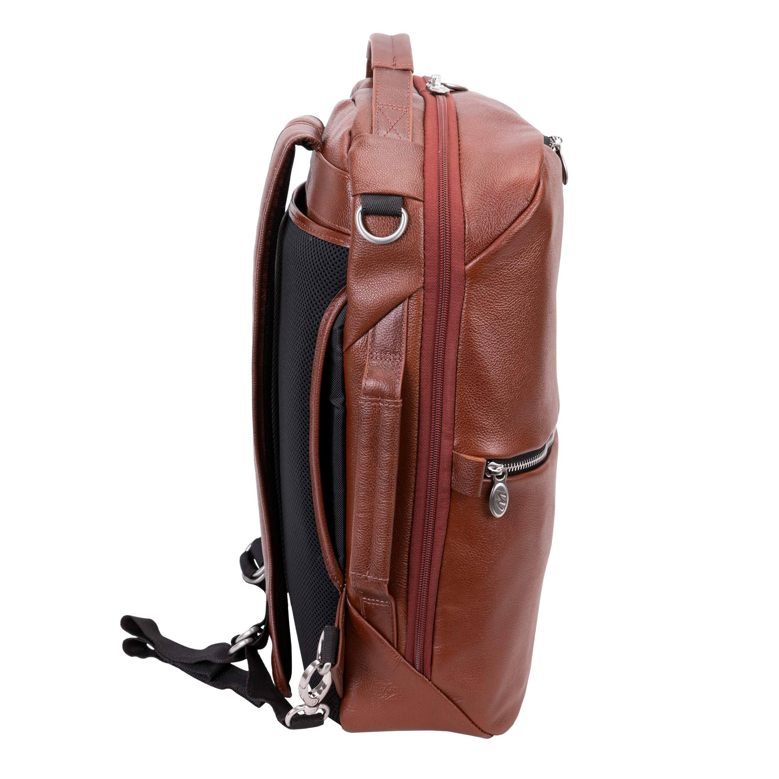 Alt View 9. McKleinUSA - 17" Convertible Leather Laptop Backpack 2-in-1 Crossbody, Laptop Sleeve, Tablet Pocket, Air-Mesh Back, Piggyback Strap - Brown.