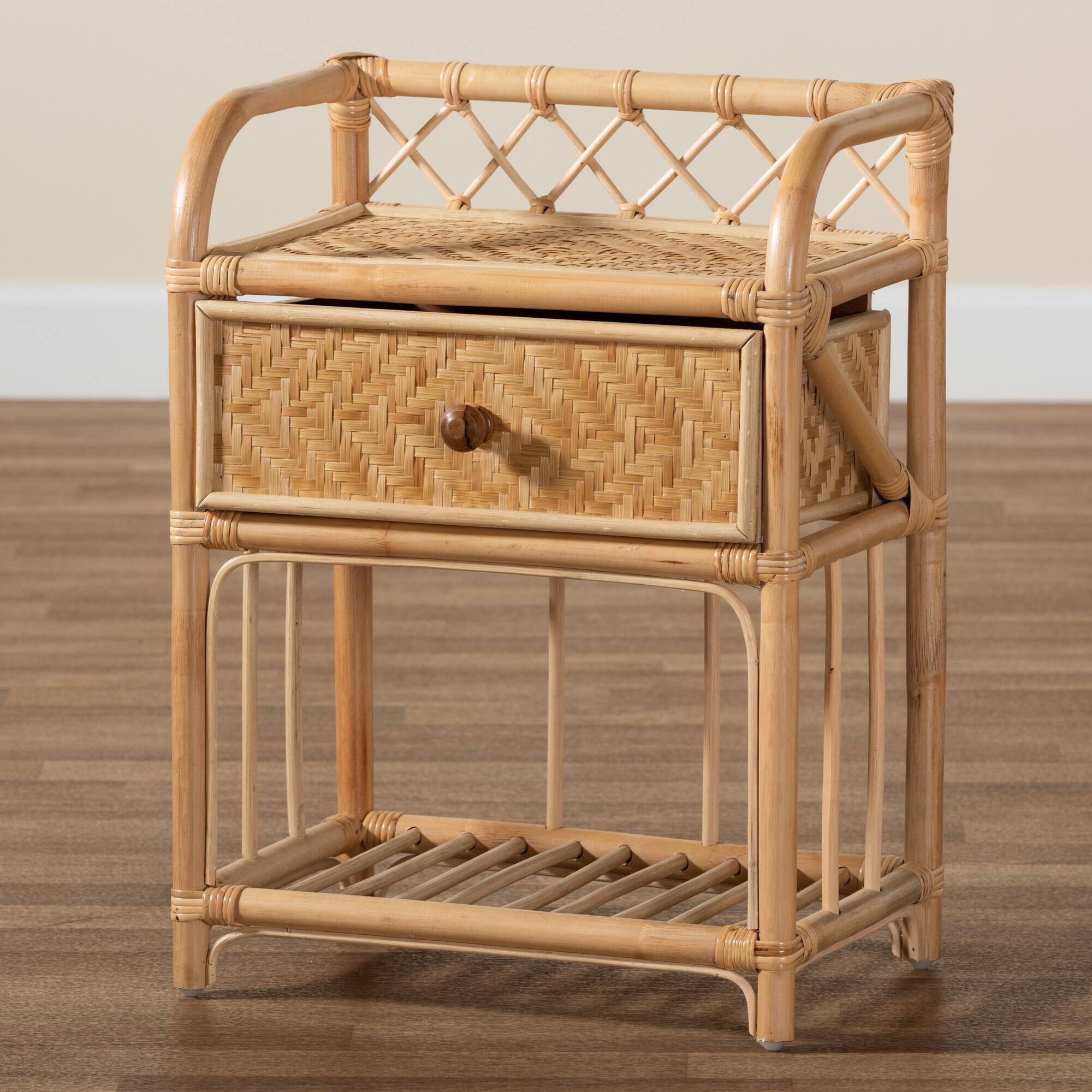 Alt View 5. bali & pari - Kobie Modern Bohemian Rattan 1-Drawer Nightstand - Natural Brown.