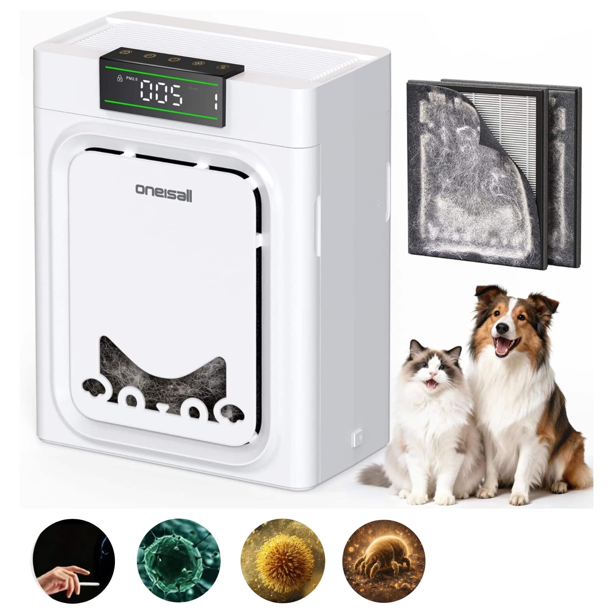 Oneisall - HEPA Pet Air Purifier : Washable Double Side Filter, Air Quality Auto Monitor, Sleep Timer, 4 Speed,2200Ft² Large Room - White