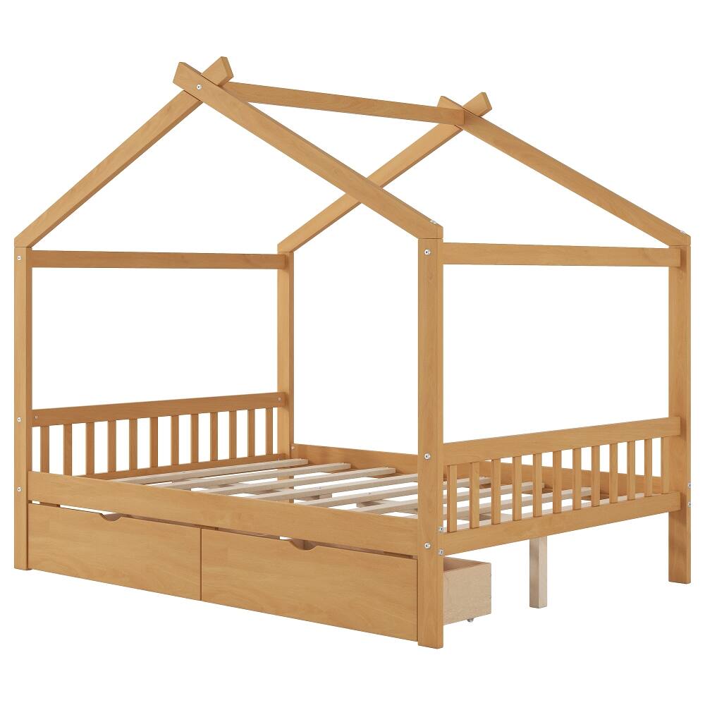 Alt View 9. Loheer - Loheer Full Size House Bed with Drawers, Natural Pine Wood Platform Frame - Natural.
