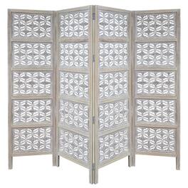 Manhattan Lane - Taj 4 Panel Folding Room Divider Screen, Antique Mango Wood, Floral Carved Design - White