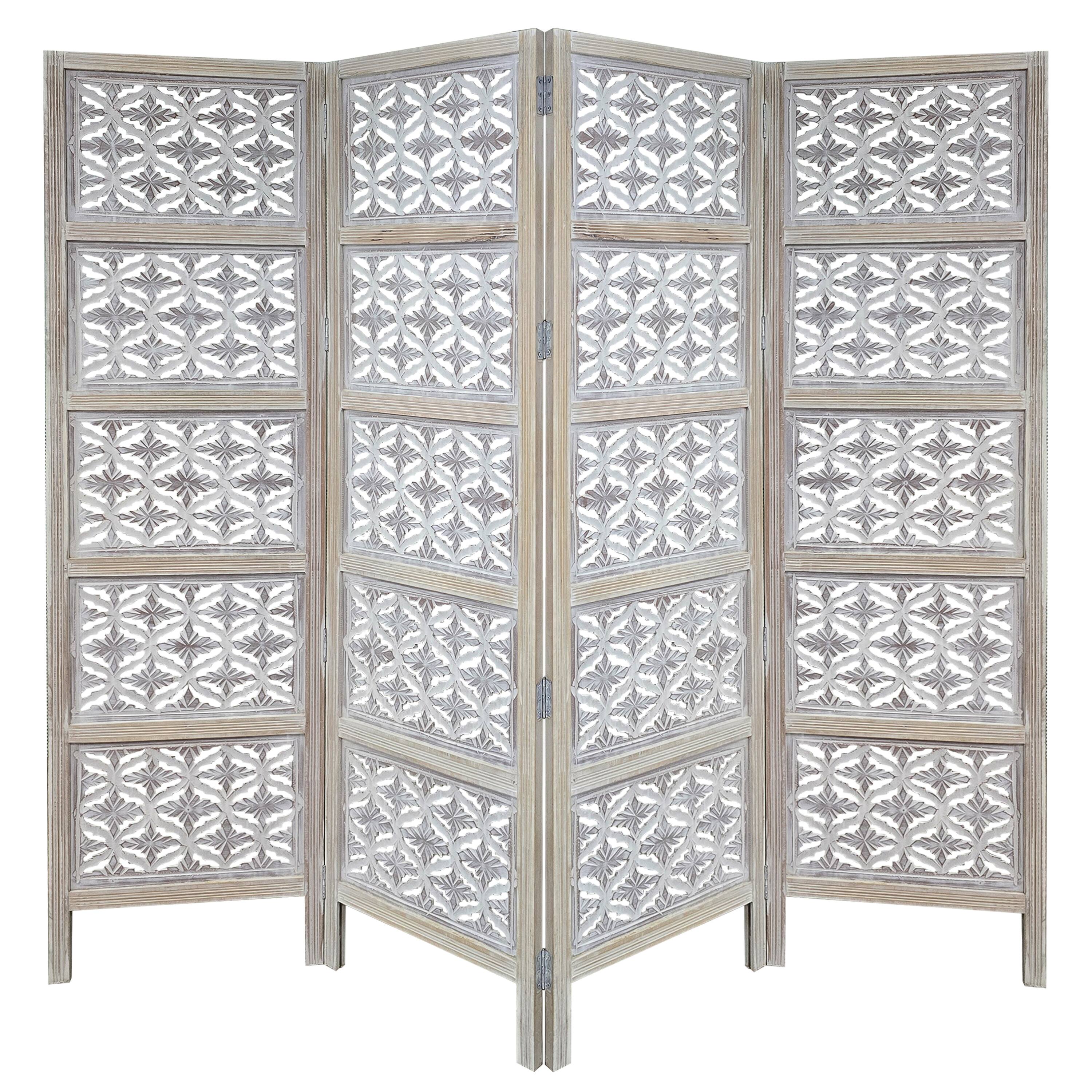 Front. Manhattan Lane - Taj 4 Panel Folding Room Divider Screen, Antique White Mango Wood, Floral Carved Design - White.