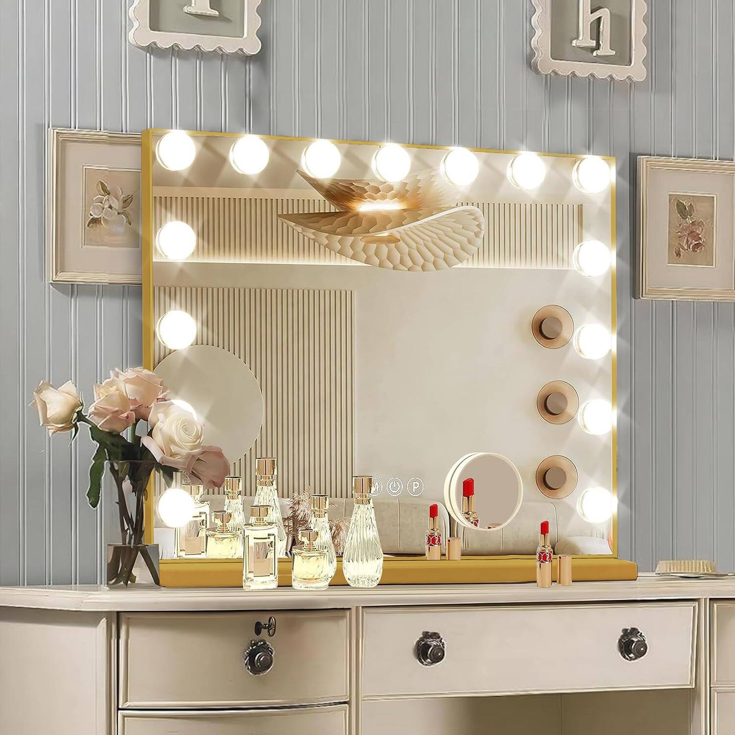 Front. Stylel Star - Hollywood Vanity Mirror With Lights 15 Dimmable Bulbs 3 Color Make Up Lighted Aluminum Metal Frame Usb Charging Port(23".