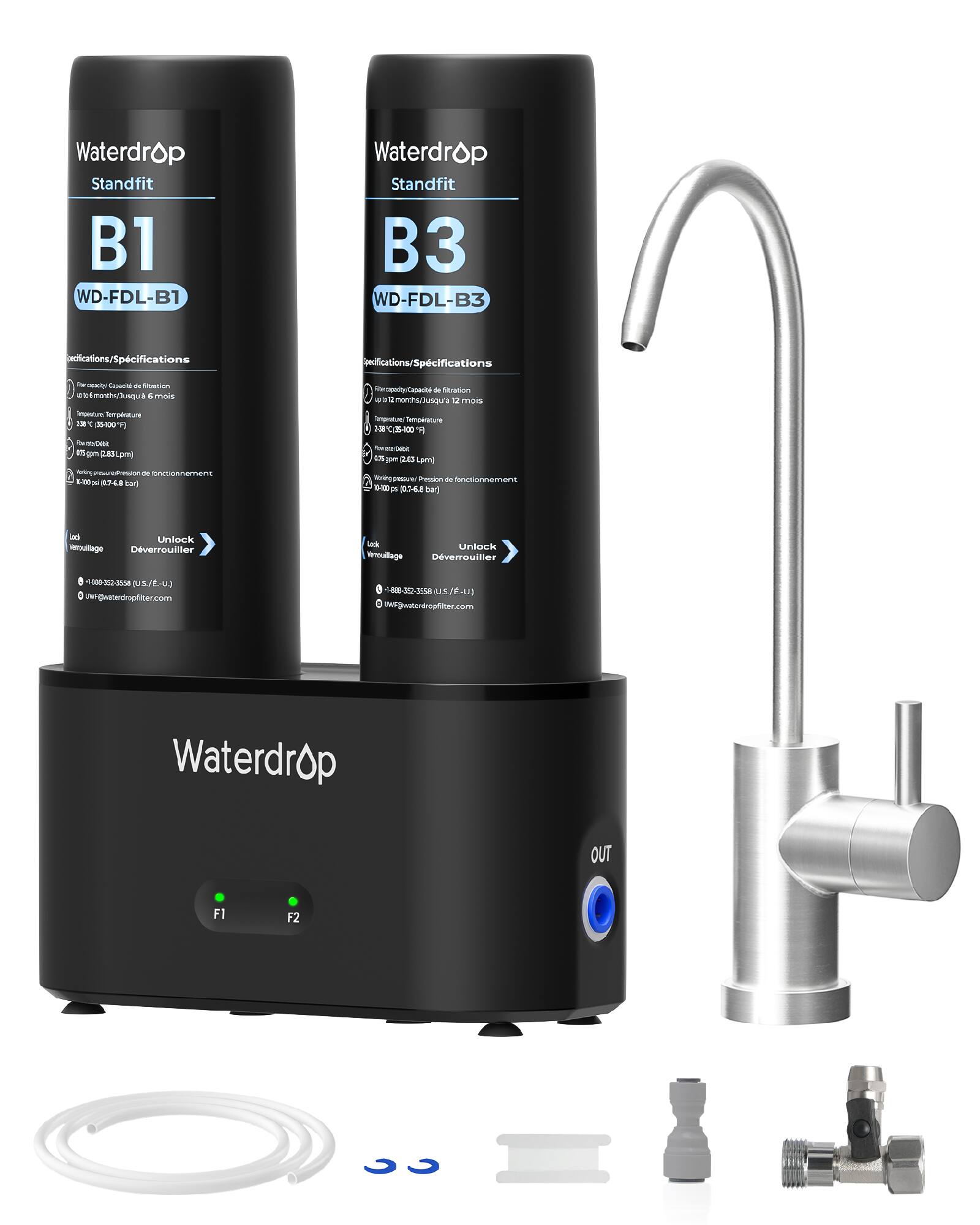 Waterdrop Standfit B1 WD-FDL-B1  
Waterdrop Standfit B3 WD-FDL-B3  

Specifications/Spcifications  
- The capacity of filtration: 2400L/6 months  
- Temperature: 32°F (0°C) - 100°F (38°C)  
- Flow rate: 0.34L/s (12.2 GPM)  
- Working pressure: 0.34-0.68 bar (5-10 psi)  

Lock  
Déverrouiller  

Unlock  
Déverrouiller  

+1-888-355-3358 (U.S./E.U.)  
support@waterdropfilter.com  

Waterdrop OUT F2