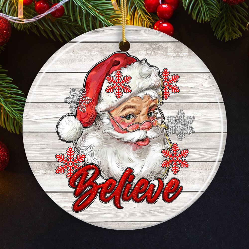 Back. OrnamentallyYou - Vintage Believe Santa Christmas Ornament Circle Version 1 - Multi-colored.