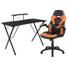 Emma + Oliver - Gaming Desk and Racing Chair Set with Headphone Hook, and Monitor Stand - Orange