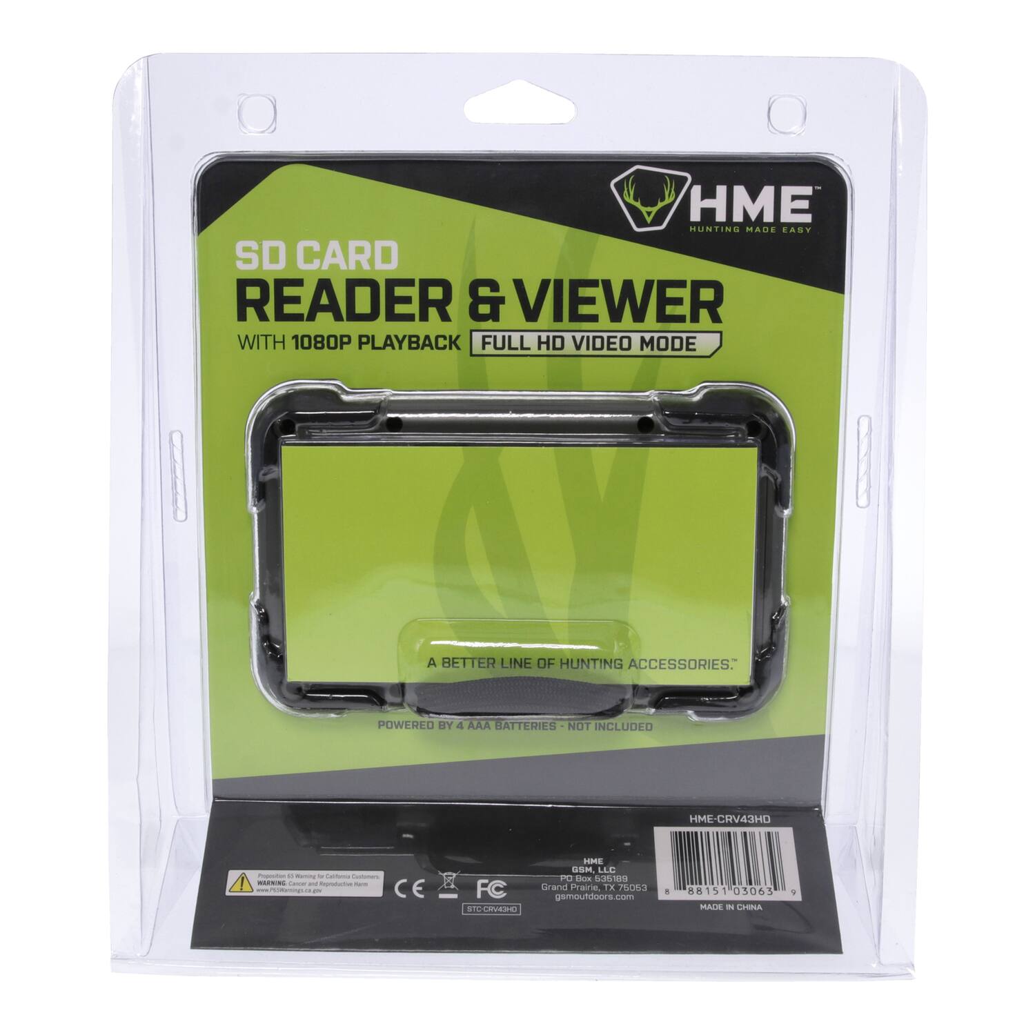 HME MUNTING MADE EASY SD CARD READER & VIEWER WITH 1080P PLAYBACK FULL HD VIDEO MODE A BETTER LINE OF HUNTING ACCESSORIES. POWERED BY 4 AAA BATTERIES - NOT INCLUDED HME-CRV43HD

CE IME COM LLE PO - Saraa FC frand Prairie raOsa gsmoutdoors.com SIUSRVERE SnC 4 815 05063 MALE - CHenA V
