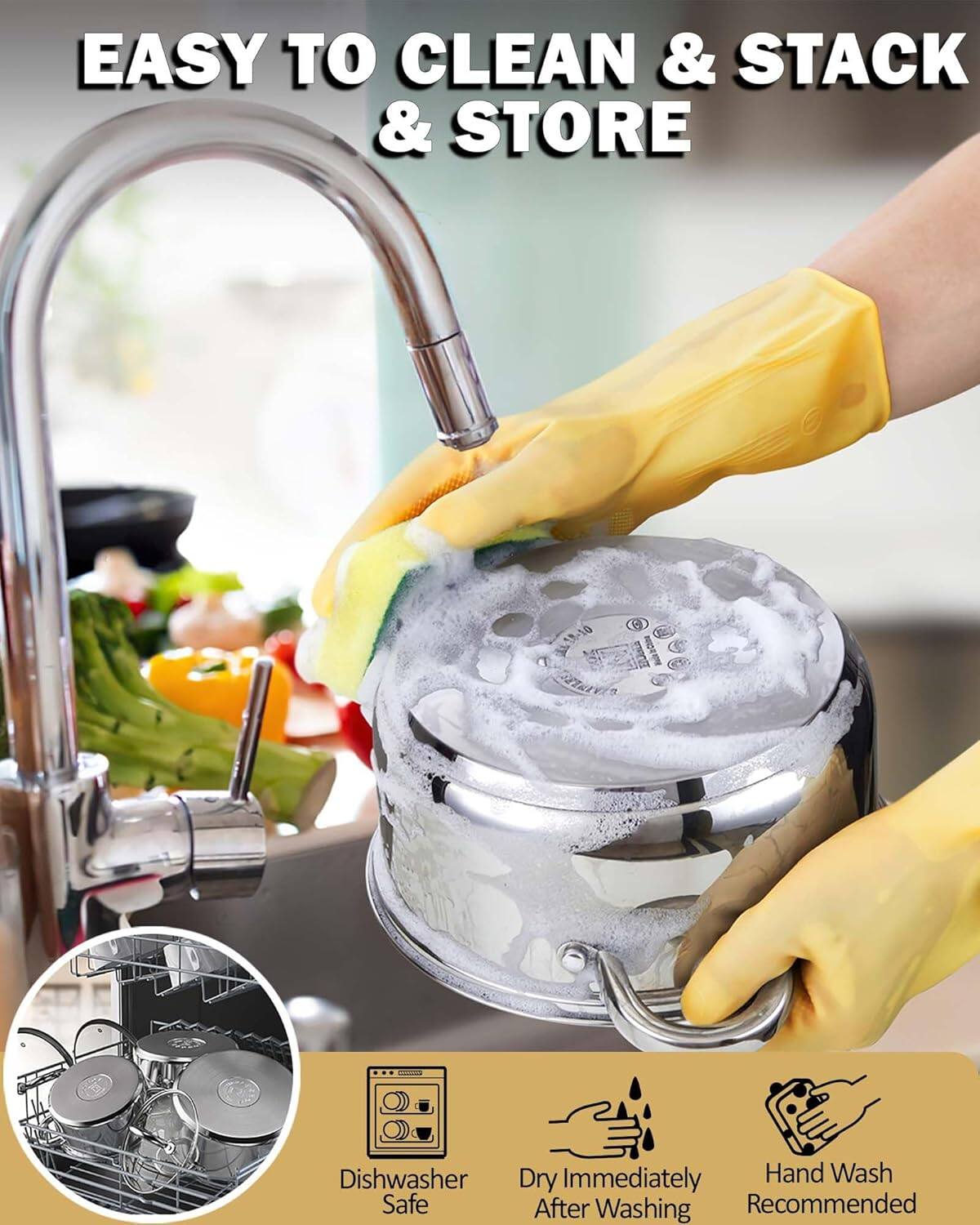 EASY TO CLEAN & STACK & STORE

10 e

Dishwasher Safe

Dry Immediately After Washing

Hand Wash Recommended