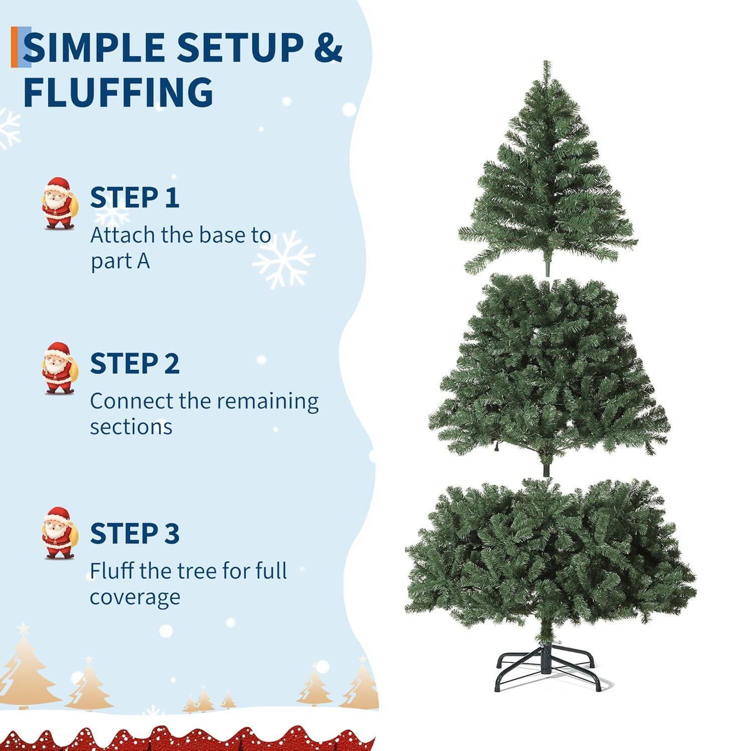 **SIMPLE SETUP & FLUFFING**

**STEP 1**  
Attach the base to part A

**STEP 2**  
Connect the remaining sections

**STEP 3**  
Fluff the tree for full coverage