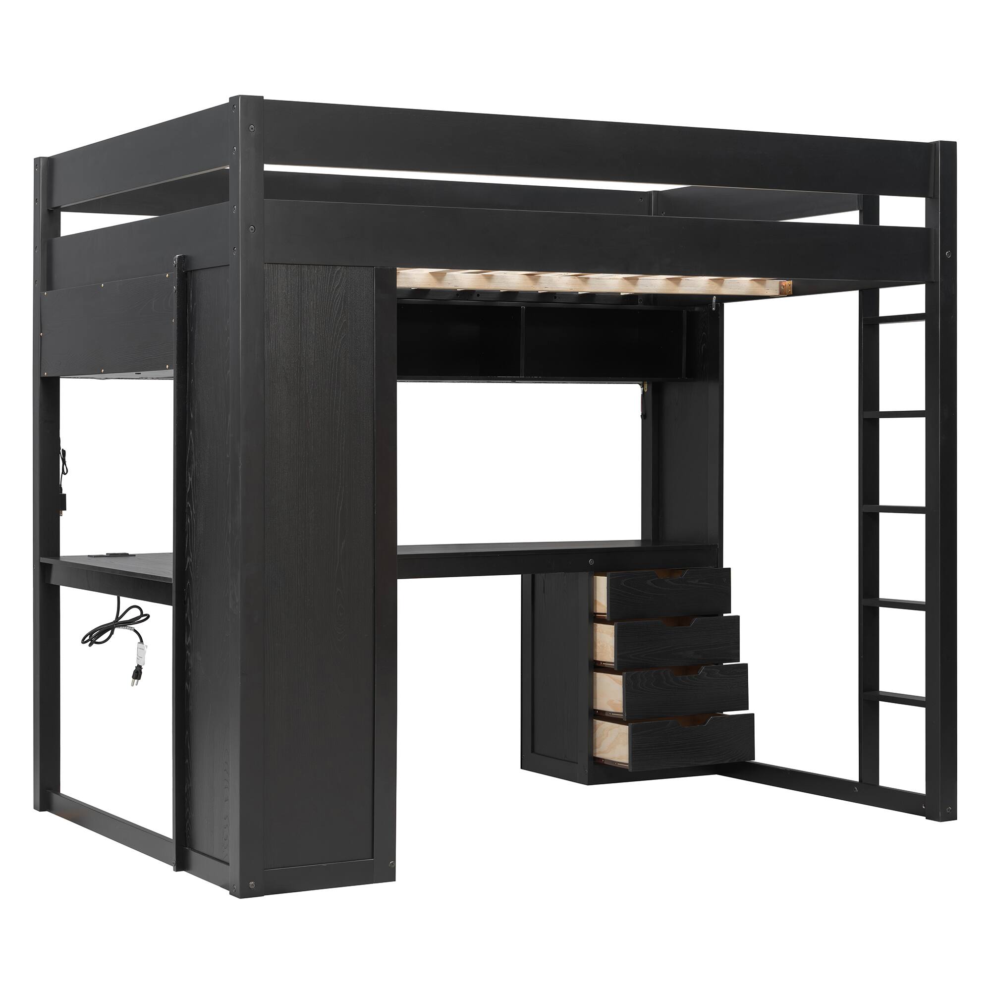 Alt View 2. Anysun - Full Solid Wood Loft Bed with L-Shaped Desk & 4 Drawers - App-Controlled LED Lights, USB Ports & 4-Tier Shelves - Black.