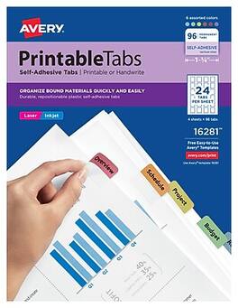 Avery - Printable Self-Adhesive Plastic Tabs, 1-1/4", 96/Pack - Assorted Colors