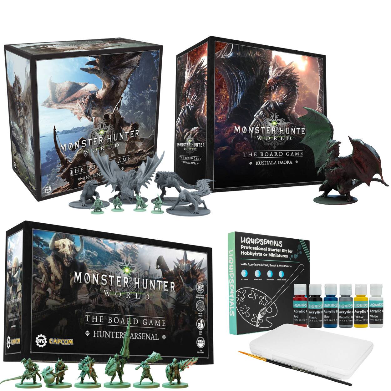 Sure, here is the corrected and grouped text from the image:

---

**Monster Hunter World: The Board Game**

- **Ancient Monster**
- **Kushala Daora**
- **Hunter's Arsenal**

**Liquidsentials Professional Starter Kit for Hobbyists or Miniatures with Acrylic Paint Set**

- **Liquidsentials**
- **Acrylic Paint Set**
  - **Red**
  - **Blue**
  - **Yellow**
  - **White**
  - **Black**
  - **Green**
  - **Brown**
  - **Gray**
  - **Metallic Silver**
  - **Metallic Gold**
  - **Metallic Bronze**
  - **Metallic Copper**
  - **Metallic Green**
  - **Metallic Blue**
  - **Metallic Red**
  - **Metallic Yellow**
  - **Metallic White**
  - **Metallic Black**
  - **Metallic Green**
  - **Metallic Blue**
  - **Metallic Red**
  - **Metallic Yellow**
  - **Metallic White**
  - **Metallic Black**
  - **Metallic Green**
  - **Metallic Blue**
  - **Metallic Red**
  - **Metal
