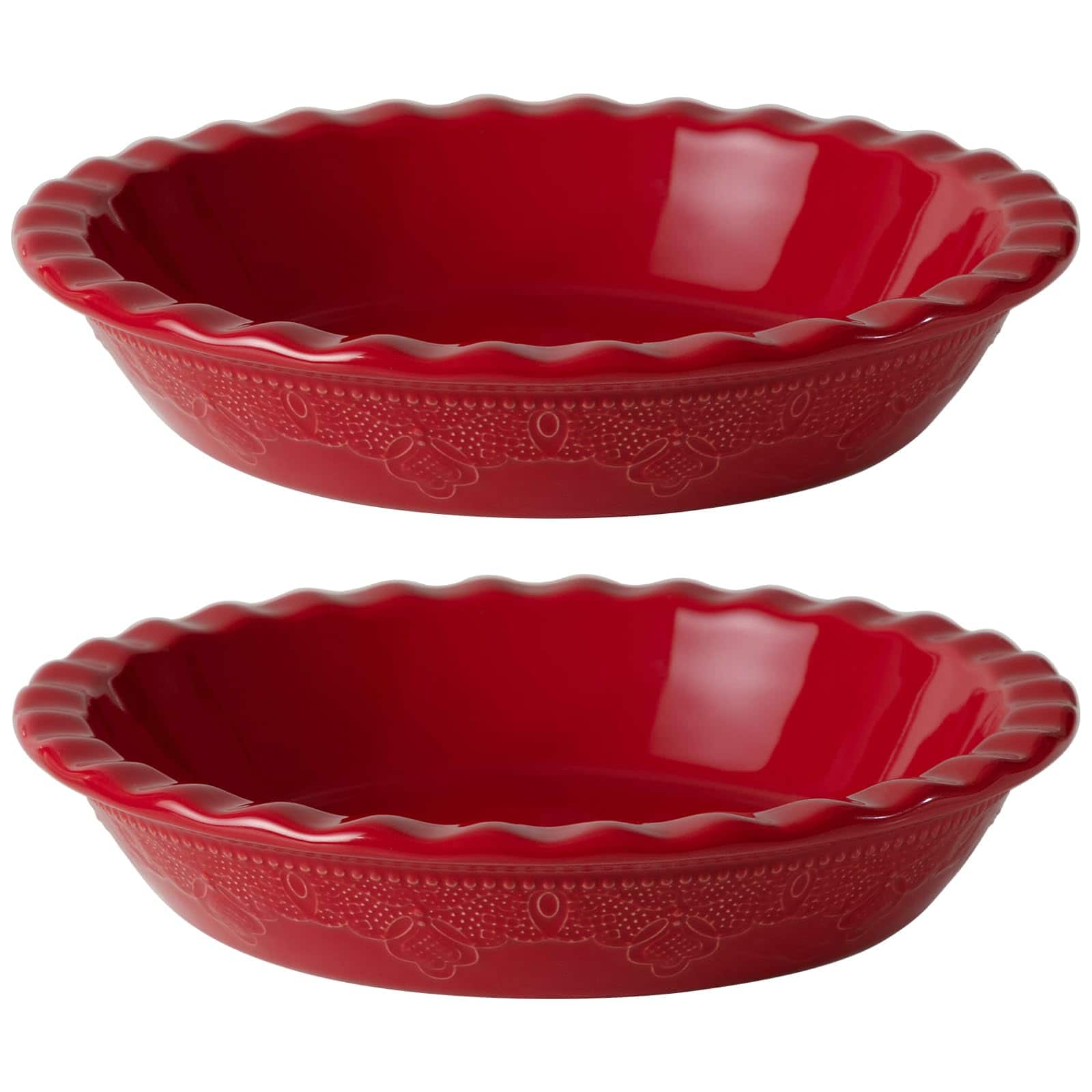 PARKER SLATER - Fun Elements Pie Pan 9 Inch Ceramic Dish Deep With Lace Emboss Ruffled Plate For Baking Thanksgiving Christmas Gifts