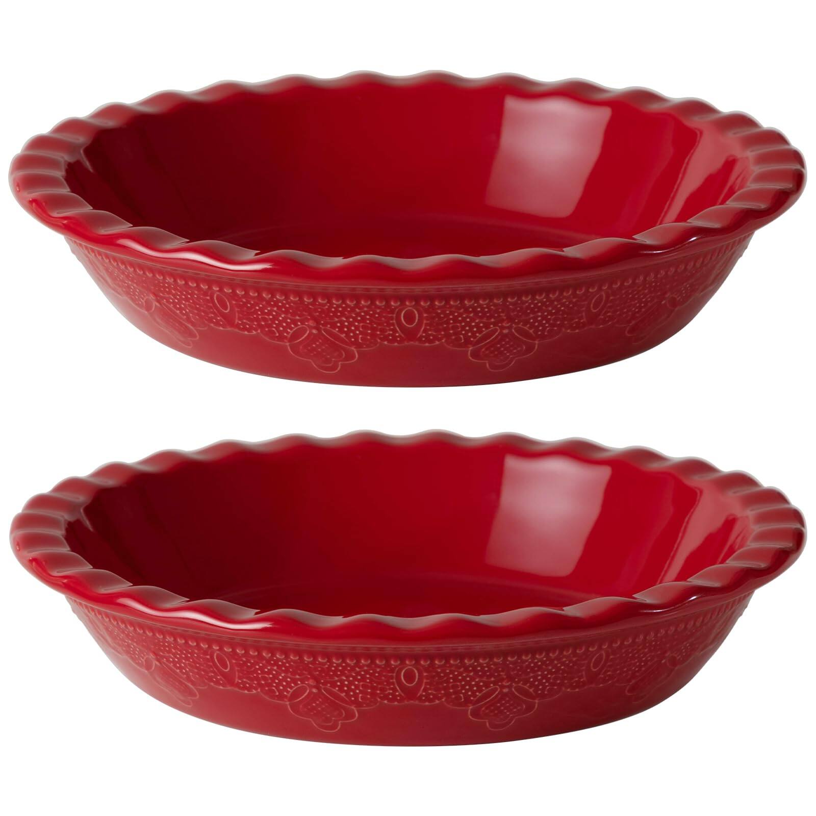 PARKER SLATER - Fun Elements Pie Pan 9 Inch Ceramic Dish Deep With Lace Emboss Ruffled Plate For Baking Thanksgiving Christmas Gifts