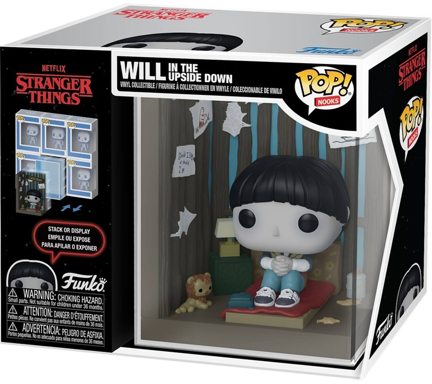 Sure, here is the corrected and grouped text from the image:

---

**NETFLIX STRANGER THINGS**

**WILL IN THE UPSIDE DOWN**

VINYL COLLECTIBLE / FIGURINE À COLLECTIONNER EN VINYLE / COLECCIONABLE DE VINILO

**STACK OR DISPLAY**  
EMPILE OU EXPOSE  
PARA APILAR O EXPONER

**Funko POP!**

**NOOKS**

**WARNING: CHOKING HAZARD.**  
Small parts. Not suitable for children under 36 months.  
ATTENTION: DANGER D'ÉTOUFFEMENT.  
Petites pièces. Ne convient pas aux enfants de moins de 36 mois.  
ADVERTENCIA: PELIGRO DE ASFIXIA.  
No adecuado para niños menores de 36 meses.

---

This text is organized to reflect the information on the packaging accurately.