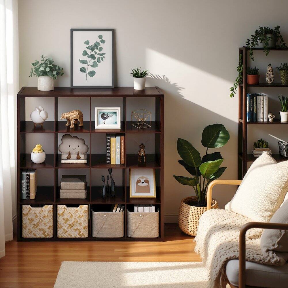 Angle. FurniFact - Dark Oak Engineered Wood 16 Cube Storage Organizer with Open Back Shelving - Dark Oak.