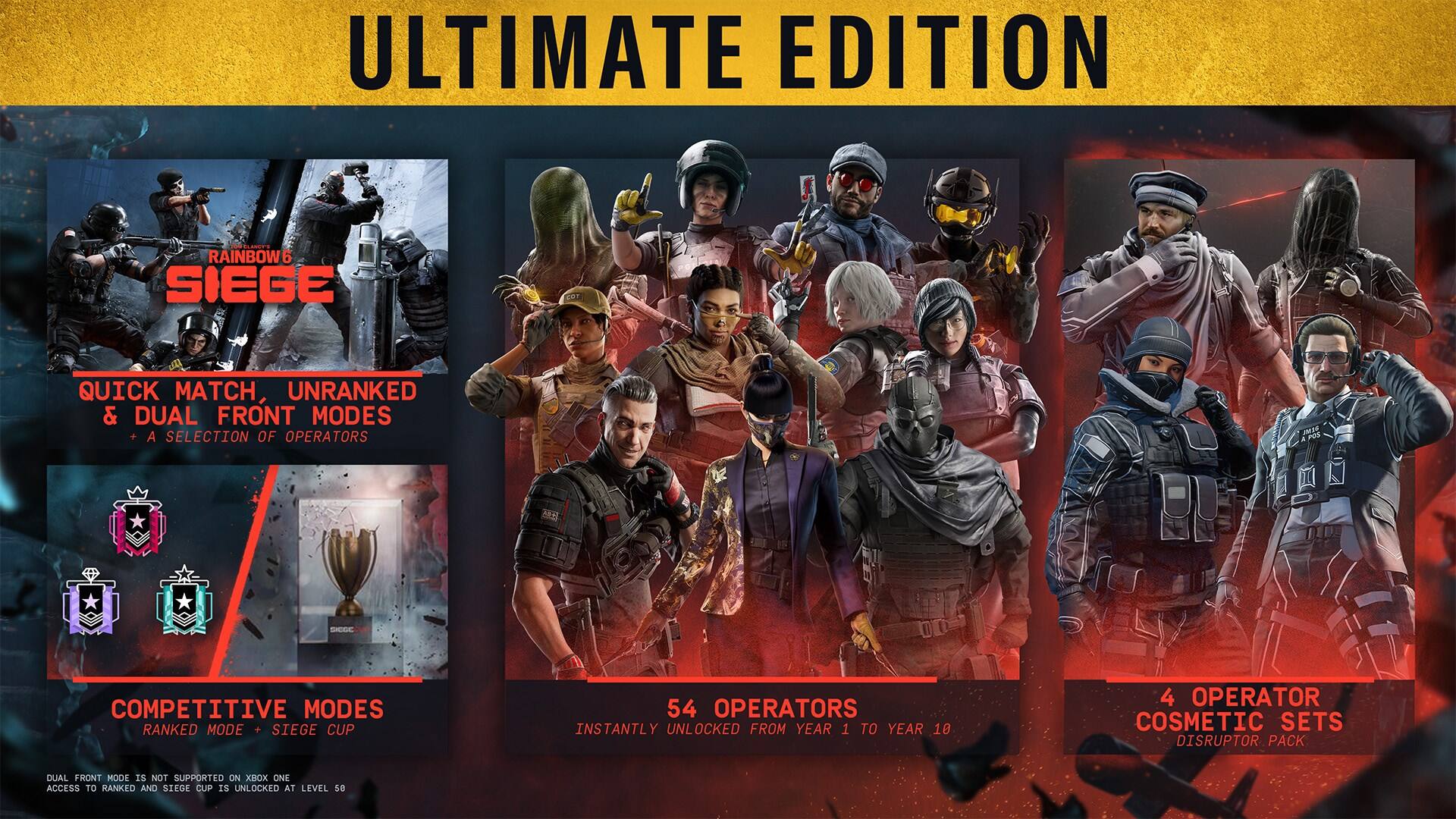 ULTIMATE EDITION

RAINBOW6 SIEGE

QUICK MATCH, UNRANKED & DUAL FRONT MODES
+ A SELECTION OF OPERATORS

COMPETITIVE MODES
RANKED MODE + SIEGE CUP

54 OPERATORS
INSTANTLY UNLOCKED FROM YEAR 1 TO YEAR 10

4 OPERATOR COSMETIC SETS
DISRUPTOR PACK

DUAL FRONT MODE IS NOT SUPPORTED ON XBx ONE
ACCESS TO RANKED AND SIEGE CUP IS UNLOCKED AT LEVEL 50