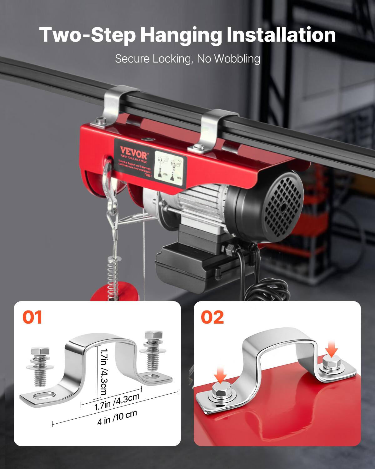 Two-Step Hanging Installation Secure Locking, No Wobbling

VEVOR

01 1.7in /4.3cm 1.7in /4.3cm /10 cm 4 in