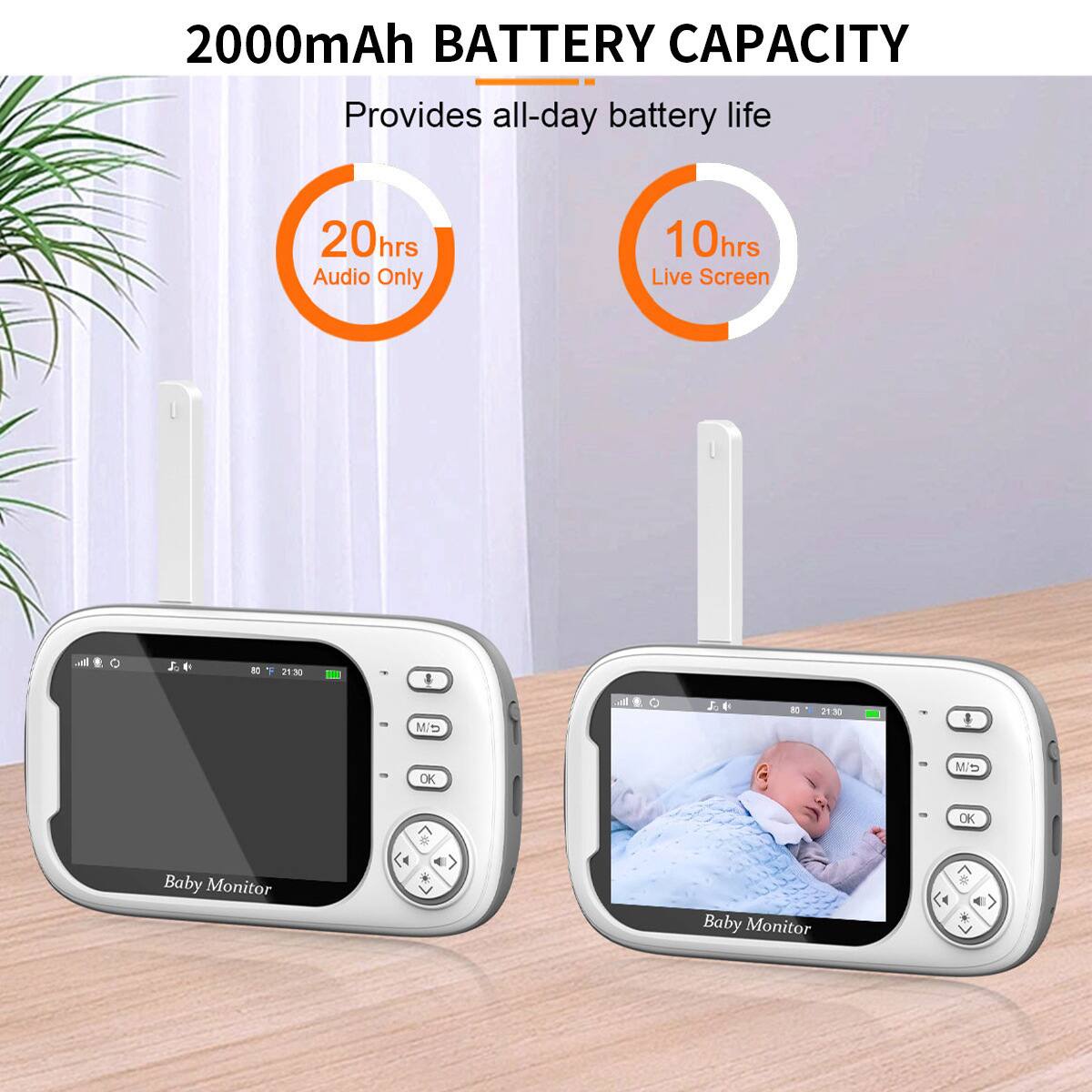 2000mAh BATTERY CAPACITY  
Provides all-day battery life  
20hrs Audio Only  
10hrs Live Screen  

Baby Monitor  
Baby Monitor