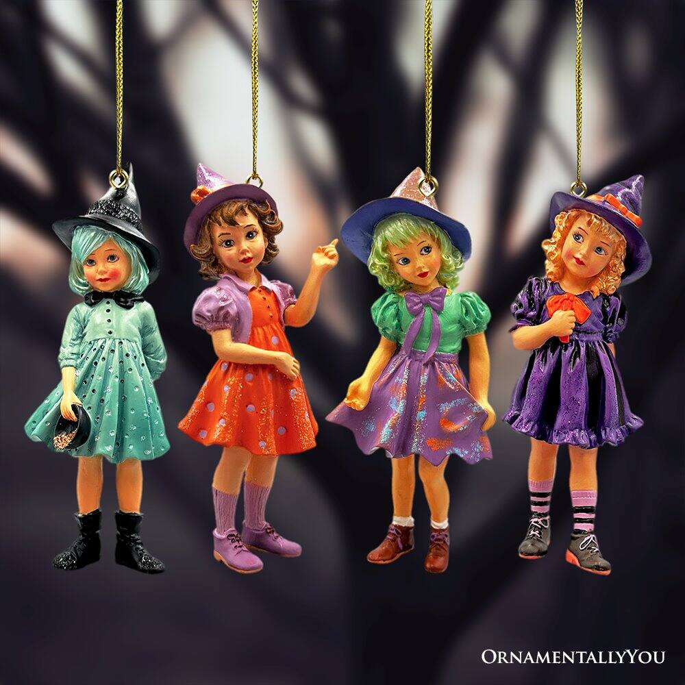 OrnamentallyYou - Classic Victorian Little Witch Girls Set of 4 Ornaments Vintage Halloween Tree Resin Decoration - Multi-colored