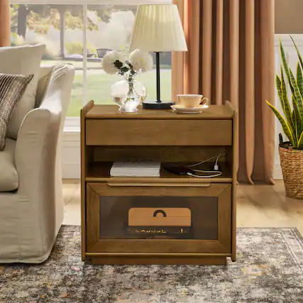 Front. LUCKY ONE - Mid Century Nightstand with Charging Station 2 Drawers Open Shelf - Walnut.