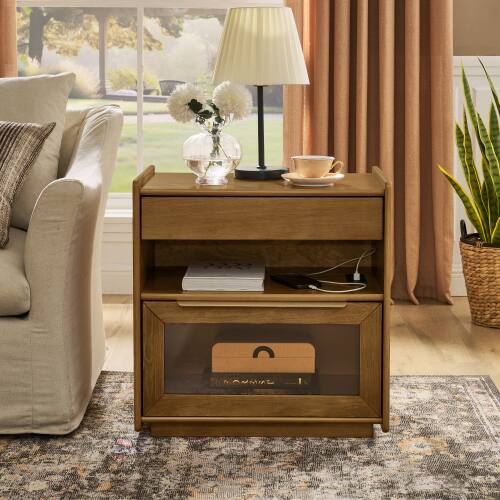 Front. LUCKY ONE - Mid Century Nightstand with Charging Station 2 Drawers Open Shelf - Walnut.